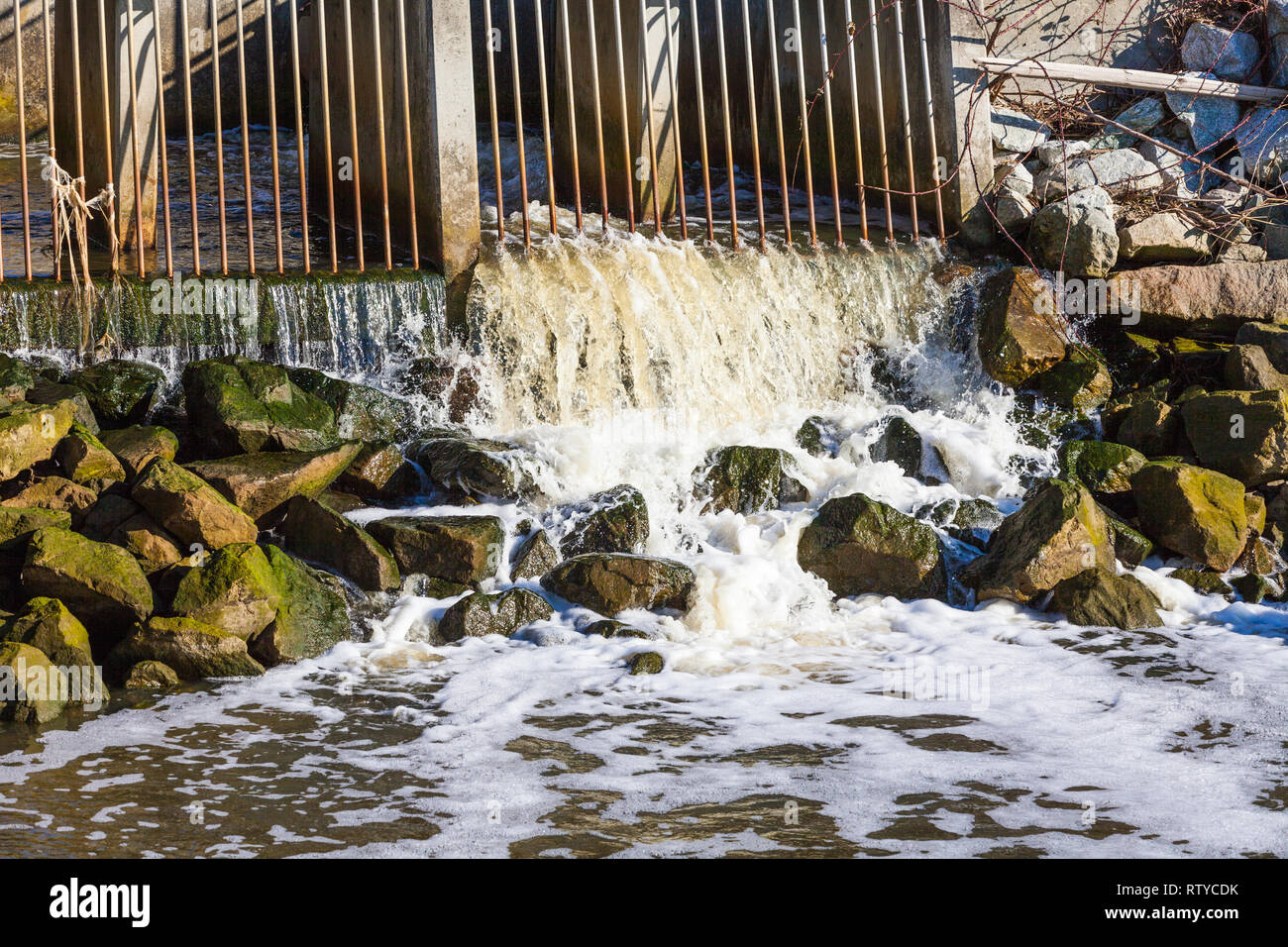 Pumpen Entwässerungsgraben Wasser in den Ozean der Gefahr von Überschwemmungen in den niedrig gelegenen Gemeinde Richmong British Columbia zu verringern Stockfoto