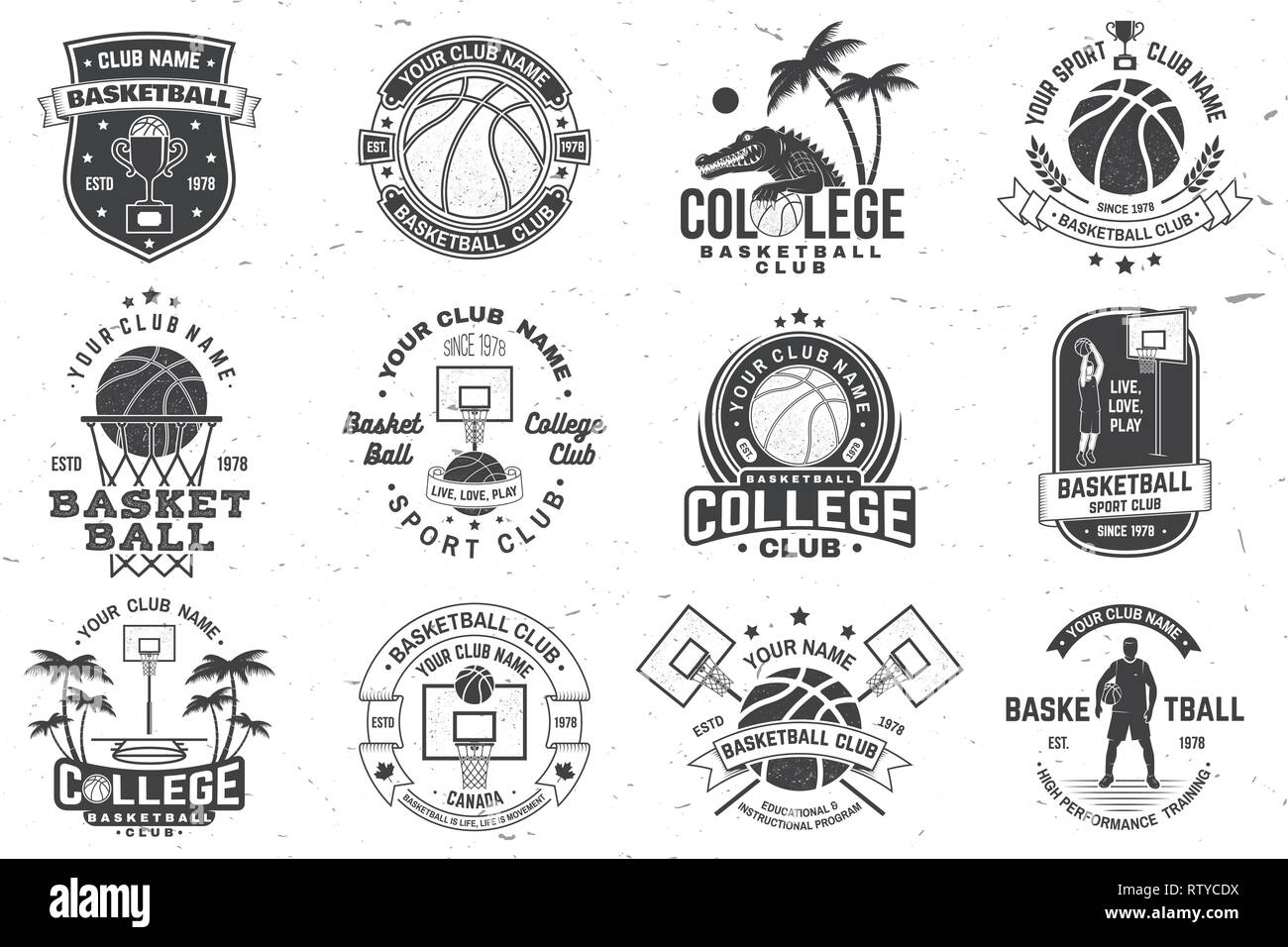 Satz von Basketball College Club Abzeichen. Vector Illustration. Konzept für T-Shirt, Druck, Stempel oder T-Stück. Vintage Typografie Design mit Krokodil, Basketballkorb und Basketball Ball Silhouette. Stock Vektor