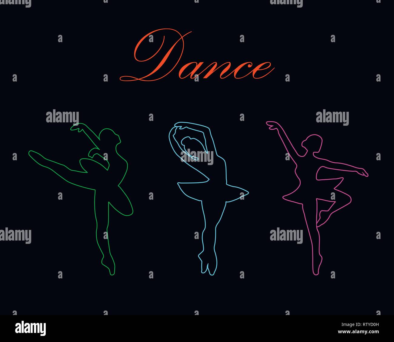 Auf einem schwarzen Hintergrund sind die Neon drei Silhouetten der tanzende Ballerinas und die Inschrift Tanz. Stock Vektor