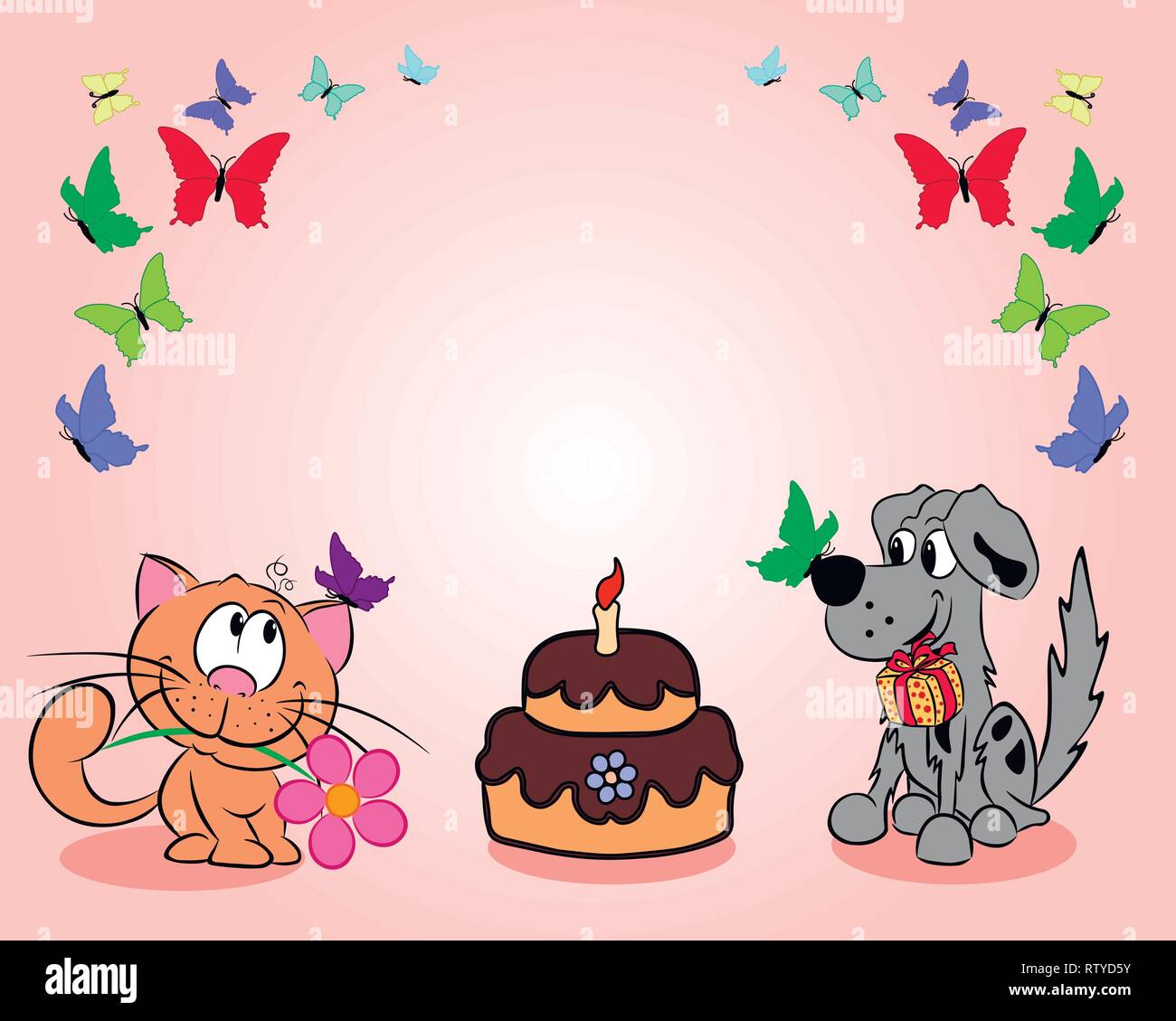 Eine Katze und ein Hund neben einem Kuchen und Schmetterlinge gratuliere allen auf den Urlaub. Stock Vektor