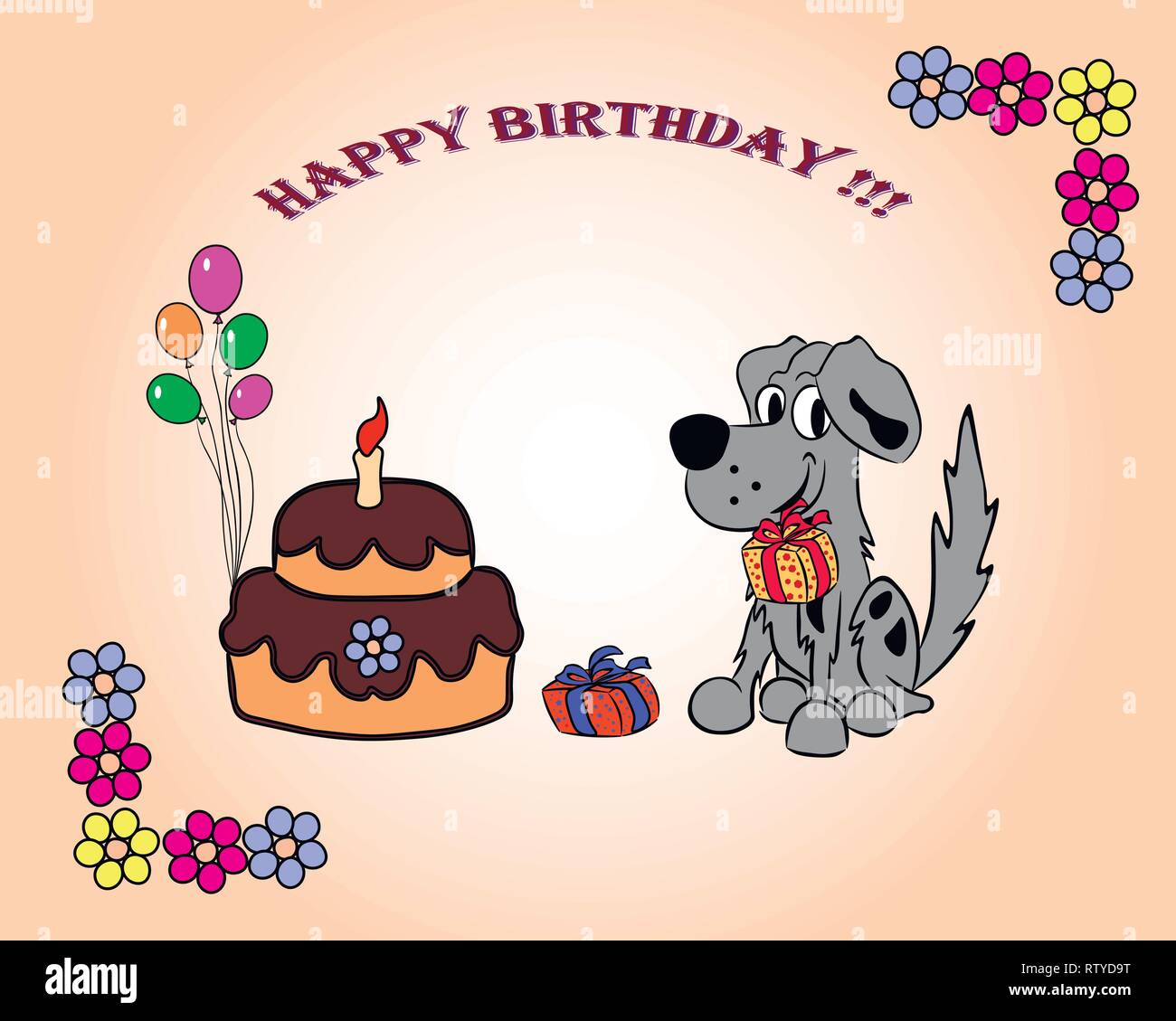 Auf die Postkarte Happy Birthday Hund mit einem Geschenk in seine Zähne, Kuchen und Blumen. Stock Vektor