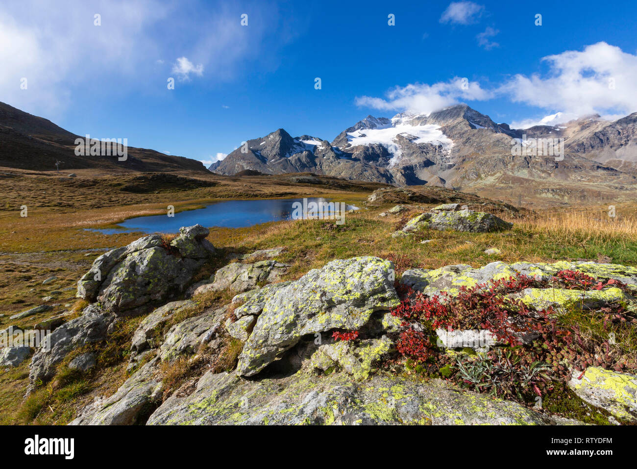 Klare Himmel über Piz Cambrena und alpinen See, Val Dal Bugliet, Berninapass, Kanton Graubünden, Engadin, Schweiz Stockfoto