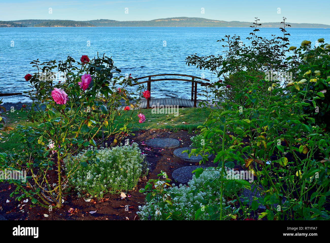 Ein Garten mit Rosen mit Blick auf den Rand des Wassers und eine kleine Fußgängerbrücke im Inn auf das Meer Vacation Resort in der Nähe von Nanaimo auf Vancouver Island Stockfoto