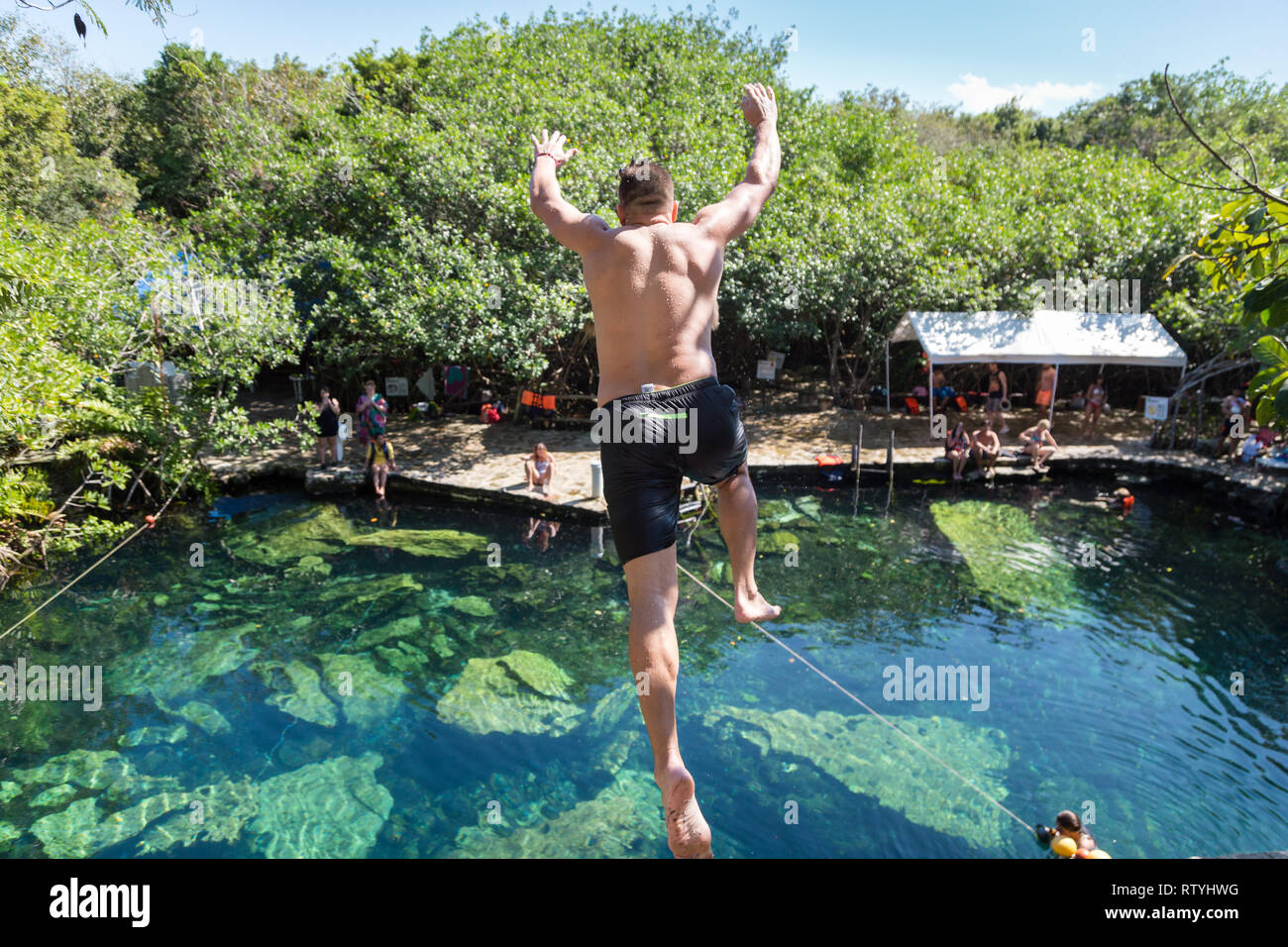 Mann springt von einer Klippe in die cristalino Cenote in Mexiko. Stockfoto