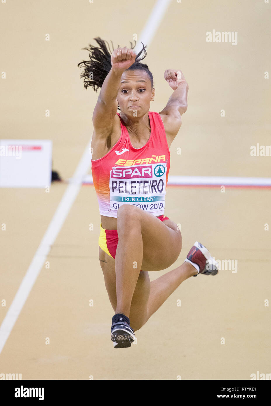 Glasgow, Schottland, Großbritannien. 3. März, 2019. Peleteiro Ana von ESP im Dreisprung der Frauen an Tag 3 der Europäischen Indoor Leichtathletik WM im Emirates Stadion in Glasgow, Schottland. (Foto von Scottish Borders, Medien/Alamy Live News) nur die redaktionelle Nutzung, eine Lizenz für die gewerbliche Nutzung erforderlich. Keine Verwendung in Wetten. Credit: Scottish Borders, Medien/Alamy leben Nachrichten Stockfoto