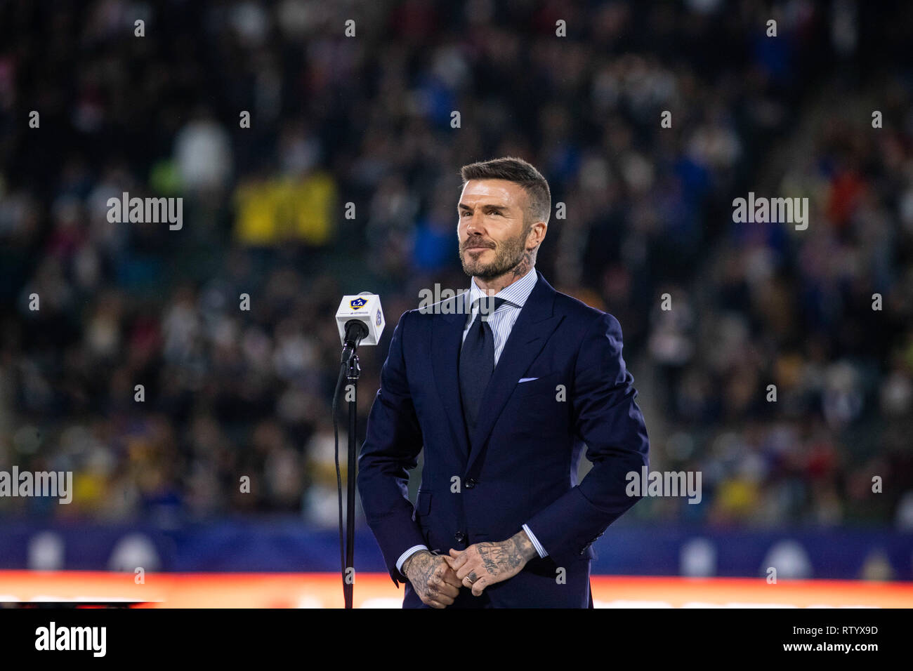 Carson, USA. 2. März, 2019. David Beckham ist zur Halbzeit der 2019 Saisonauftakt der Galaxie gefeiert. Vor dem Spiel der Club eine Statue von Beckham vorgestellt und eingesetzt zu ihm in den Ring der Ehre. Credit: Ben Nichols/Alamy leben Nachrichten Stockfoto