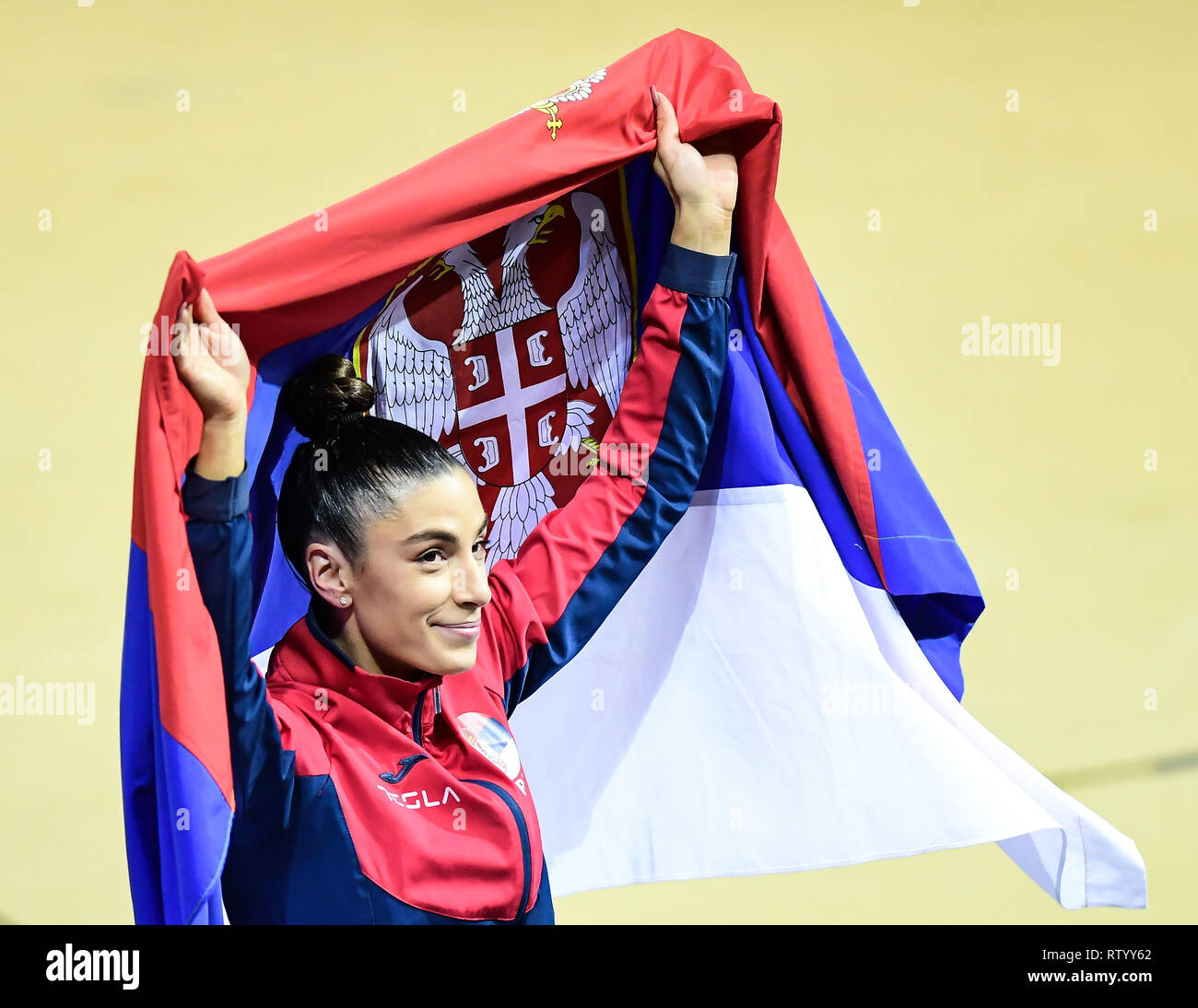 Glasgow, UK. 03 Mär, 2019. Athletik, European Indoor Championships, Weitsprung, Frauen, Endrunde, die in den Emiraten Arena: Ivana Spanovic, Serbien. Spanovic gewinnt die Goldmedaille. Credit: Soeren Stache/dpa/Alamy leben Nachrichten Stockfoto