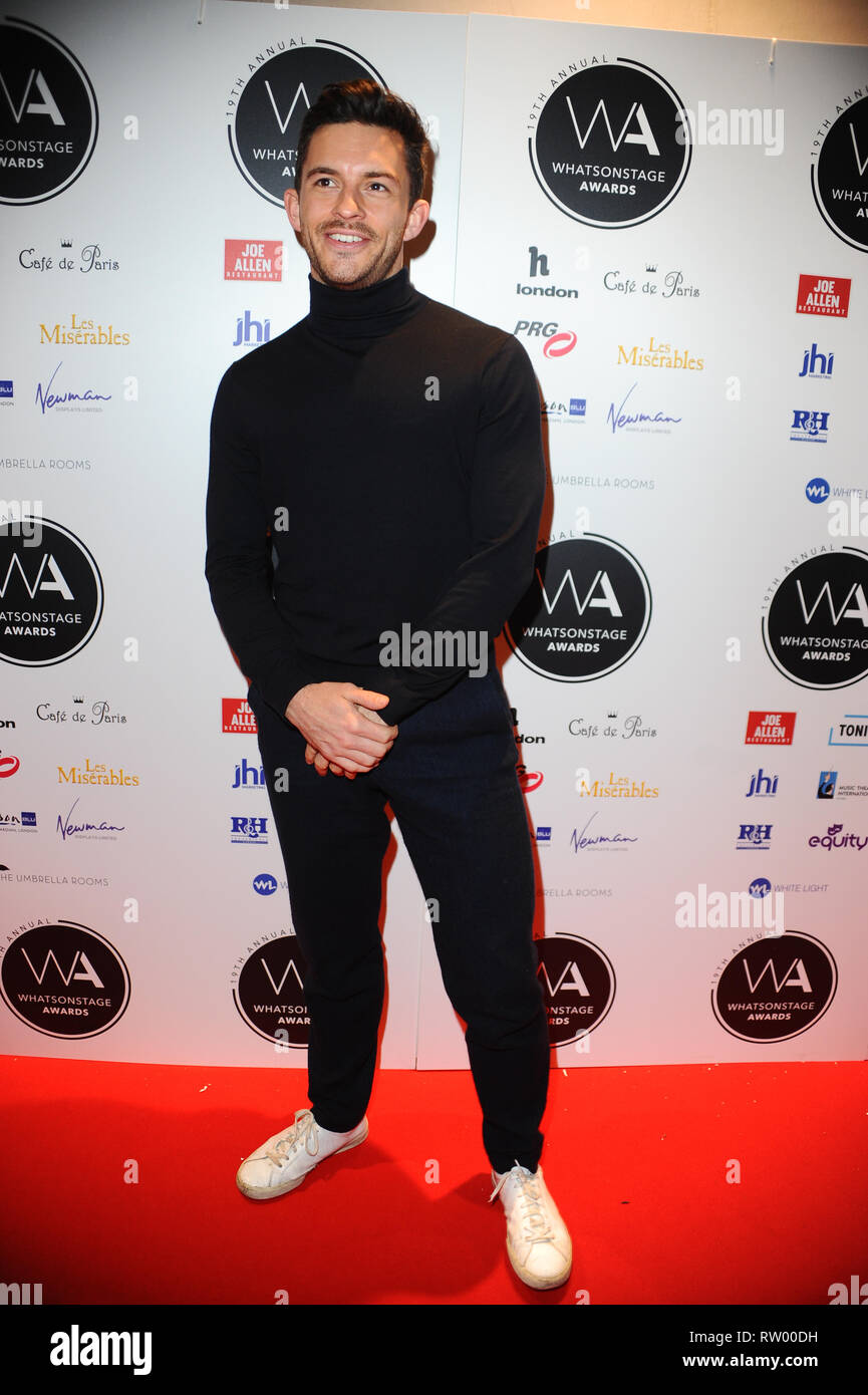 London, Großbritannien. 3 Mär, 2019. Jonathan Bailey auf dem roten Teppich während des 19. Was auf der Bühne Auszeichnungen gesehen, an der Prince of Wales Theatre Coventry Street in London. Credit: Terry Scott/SOPA Images/ZUMA Draht/Alamy leben Nachrichten Stockfoto