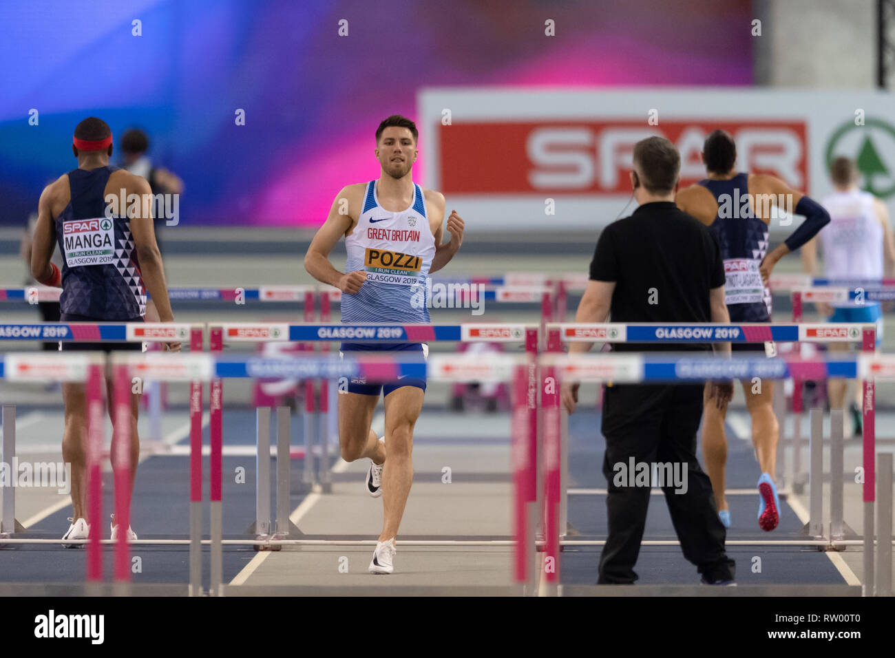 Glasgow, Schottland, Großbritannien. 3. März, 2019. Andrew Pozzi (GBR) in der Männer 60 m Hürden Finale während der Europäischen Leichtathletik Indoor Championships Glasgow 2019 im Emirates Arena am Sonntag, den 03. März 2019. GLASGOW SCHOTTLAND. (Nur redaktionelle Nutzung, eine Lizenz für die gewerbliche Nutzung erforderlich. Keine Verwendung in Wetten, Spiele oder einer einzelnen Verein/Liga/player Publikationen.) Credit: Taka G Wu/Alamy Nachrichten Stockfoto