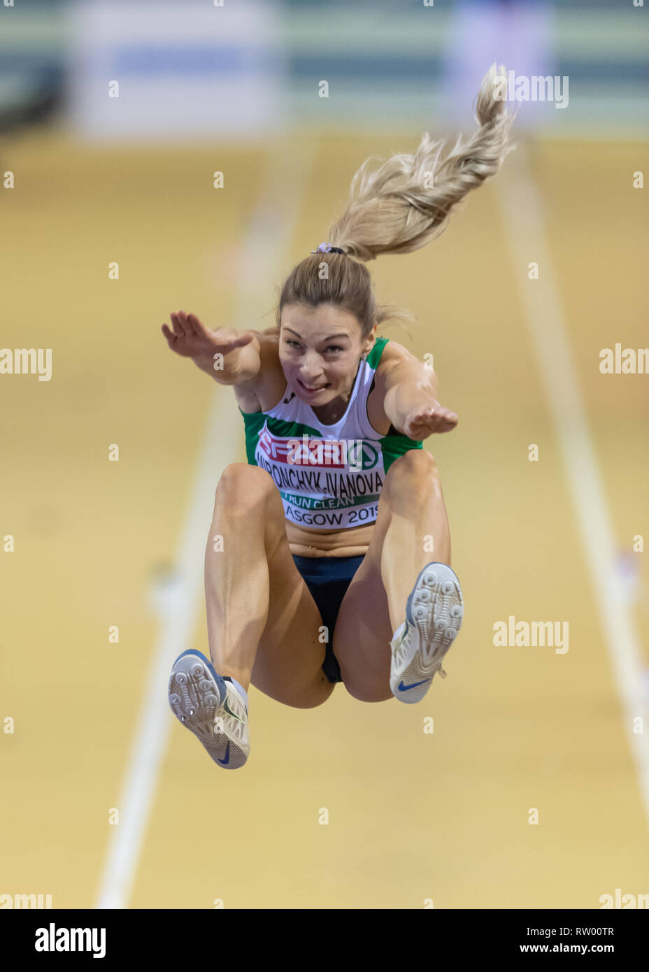 Glasgow, Schottland, Großbritannien. 3. März, 2019. N. Mironchyk-Ivanova (BLR) in Frauen Weitsprung Finale während der Europäischen Leichtathletik Indoor Championships Glasgow 2019 im Emirates Arena am Sonntag, den 03. März 2019. GLASGOW SCHOTTLAND. (Nur redaktionelle Nutzung, eine Lizenz für die gewerbliche Nutzung erforderlich. Keine Verwendung in Wetten, Spiele oder einer einzelnen Verein/Liga/player Publikationen.) Credit: Taka G Wu/Alamy Nachrichten Stockfoto