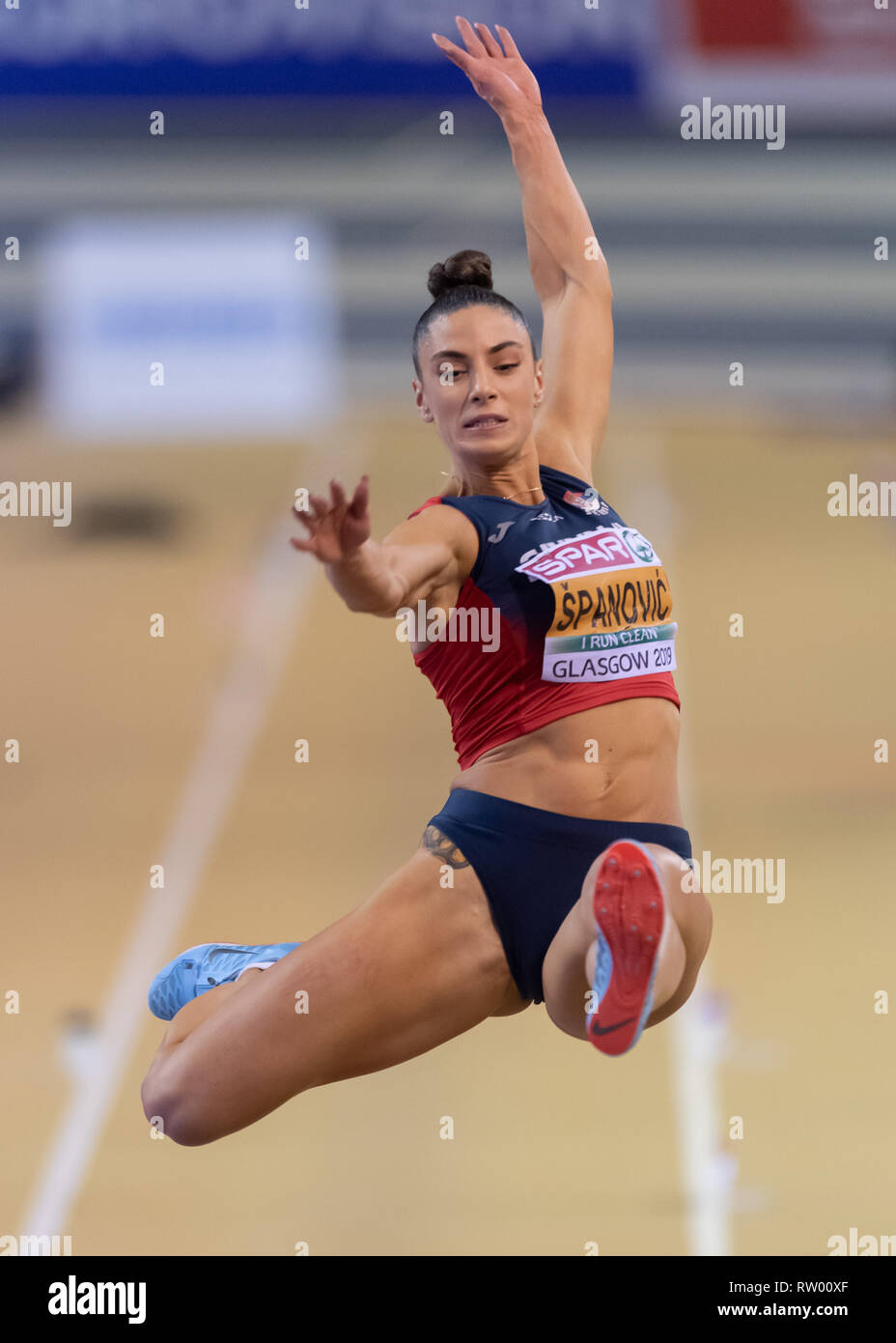 Glasgow, Schottland, Großbritannien. 3. März, 2019. Ivana Spanovic (SRB) in Frauen Weitsprung Finale während der Europäischen Leichtathletik Indoor Championships Glasgow 2019 im Emirates Arena am Sonntag, den 03. März 2019. GLASGOW SCHOTTLAND. (Nur redaktionelle Nutzung, eine Lizenz für die gewerbliche Nutzung erforderlich. Keine Verwendung in Wetten, Spiele oder einer einzelnen Verein/Liga/player Publikationen.) Credit: Taka G Wu/Alamy Nachrichten Stockfoto