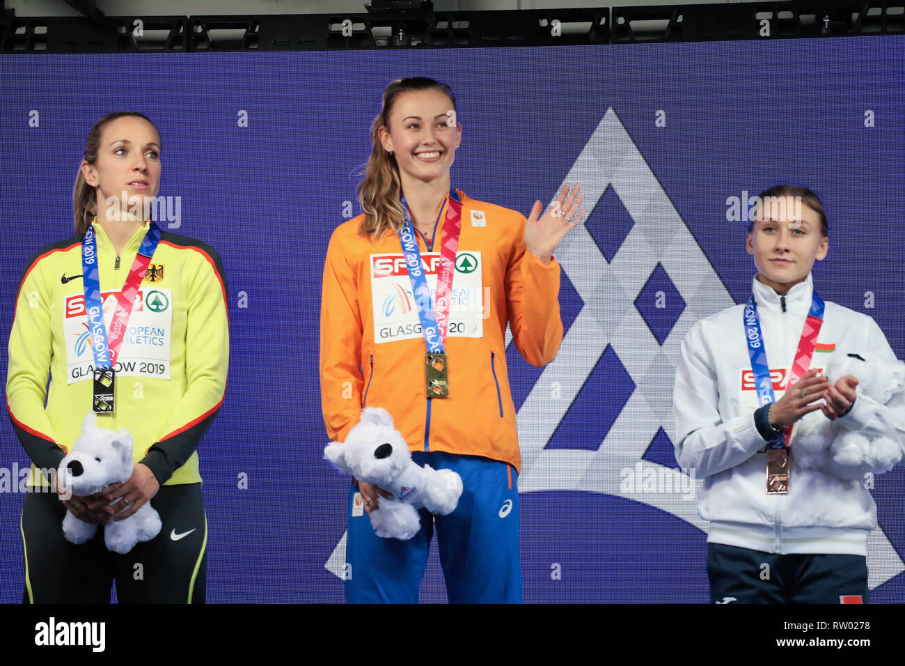 Glasgow, Schottland, Großbritannien. 03 Mär, 2019. Cindy Roleder von Deutschland, Nadine Visser von Nederland und Elvira Herman von Belarus 60 m Hürden Finale während der Europäischen Leichtathletik Indoor Championships 2019 in Glasgow am 3. März 2019 im Emirates Stadion in Glasgow, Schottland - Foto Laurent Lairys/DPPI Credit: Laurent Lairys/Agence Locevaphotos/Alamy leben Nachrichten Stockfoto