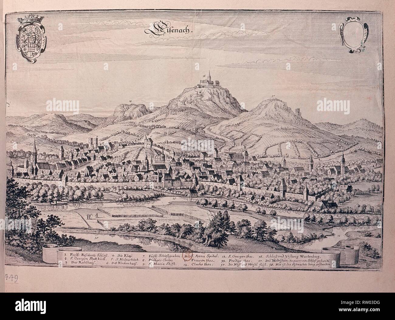 VISTA DE EISENACH (ALEMANIA) CUNA DE JUAN SEBASTIAN BACH - GRABADO - 1650. Autor: Matthäus Merian. Stockfoto