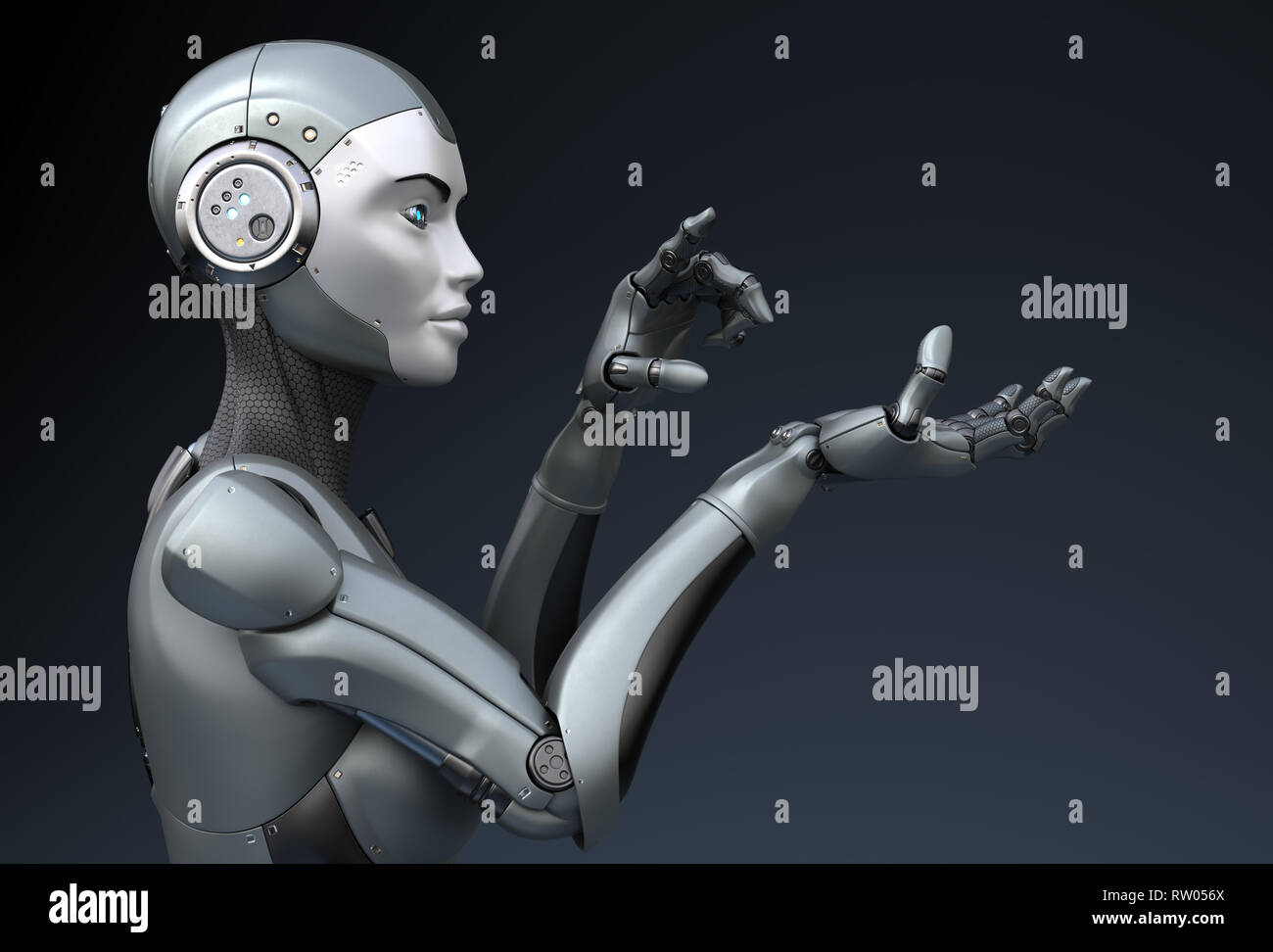 Roboter suchen nach etwas in seiner Hand. 3D-Darstellung Stockfoto