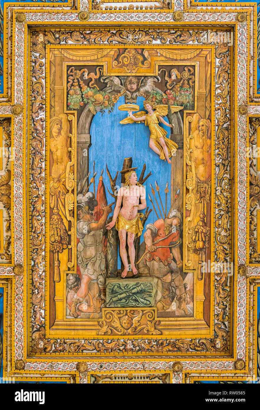 Das Martyrium des Heiligen Sebastian von Annibale Durante in der Decke der Basilika von San Sebastiano fuori le Mura in Rom, Italien. Stockfoto