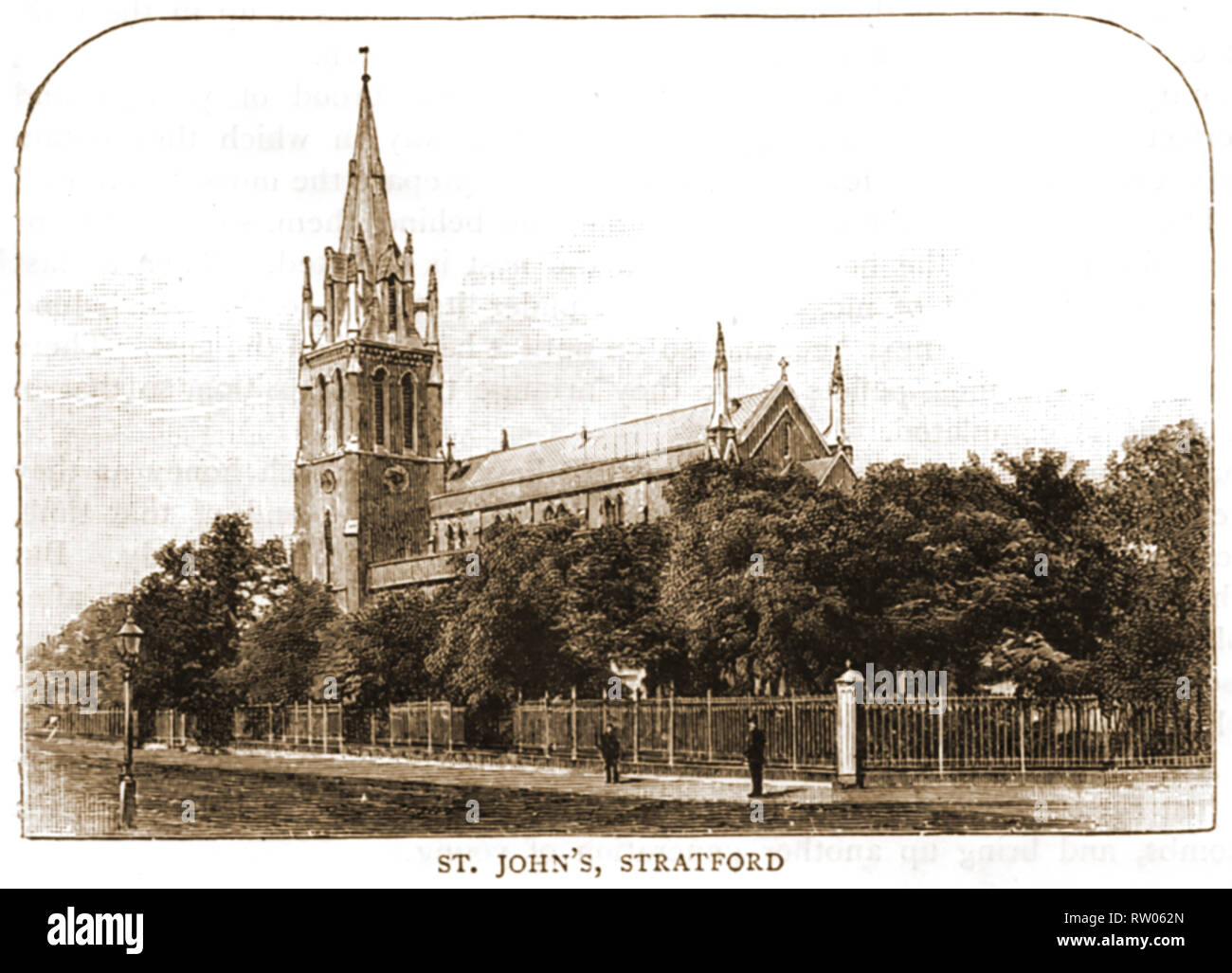 Eine alte Abbildung: die Kirche von St. John's Stratford, England. Es ist eine Zeit Vikar Thomas Stevens war (1841-1920) erste anglikanische Bischof von Bellen, England. Ein Freimaurer, er gemeinsame wurde Grand Kaplan der Vereinigten Großloge von England Stockfoto