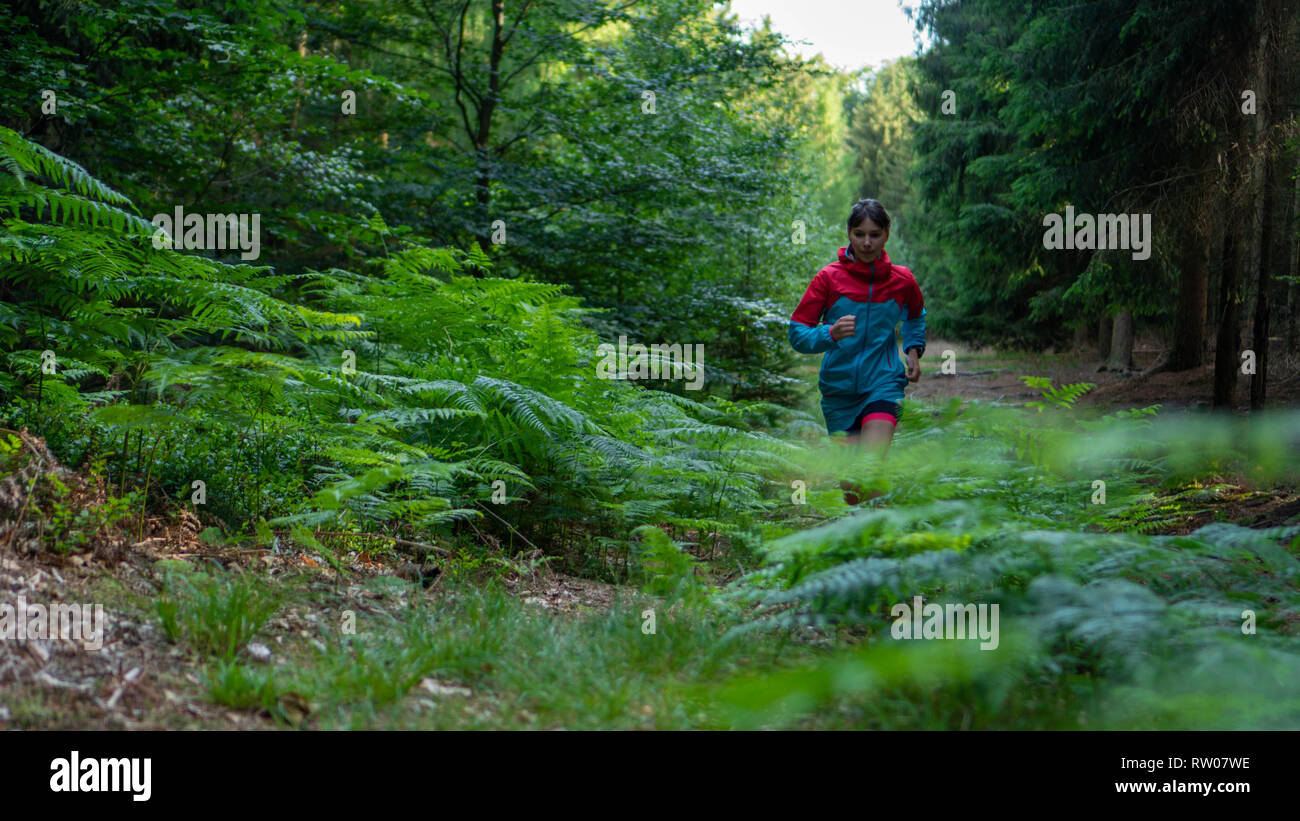 Mädchen Athlet führt durch eine wunderschöne Gegend im Wald. In modische Kleidung für die Ausführung. Gesunder Lebensstil Stockfoto