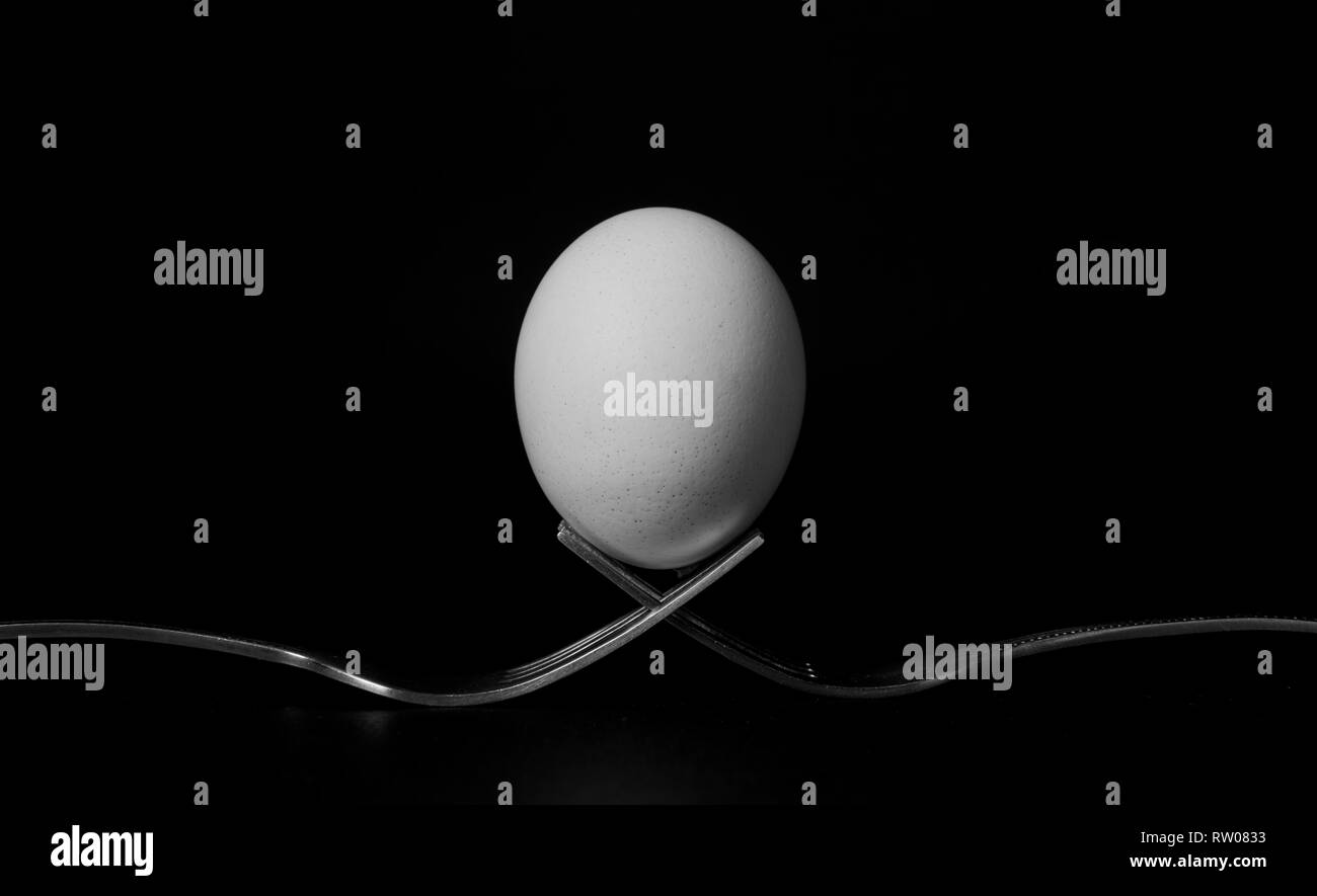 Weiße Ei mit Schale ruht auf zwei Metall und glänzend Gabeln auf schwarzem Hintergrund Stockfoto
