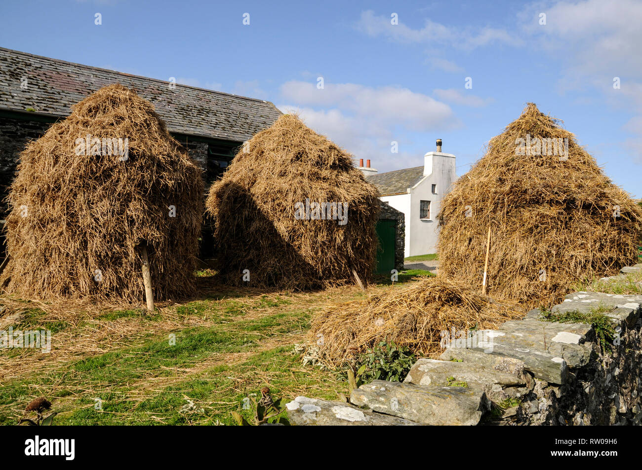 Heuballen im alten Haltungsform gestapelt auf das National Folk Museum in einer kleinen Ortschaft Cregneash an der Südwestküste der Insel Man. Stockfoto