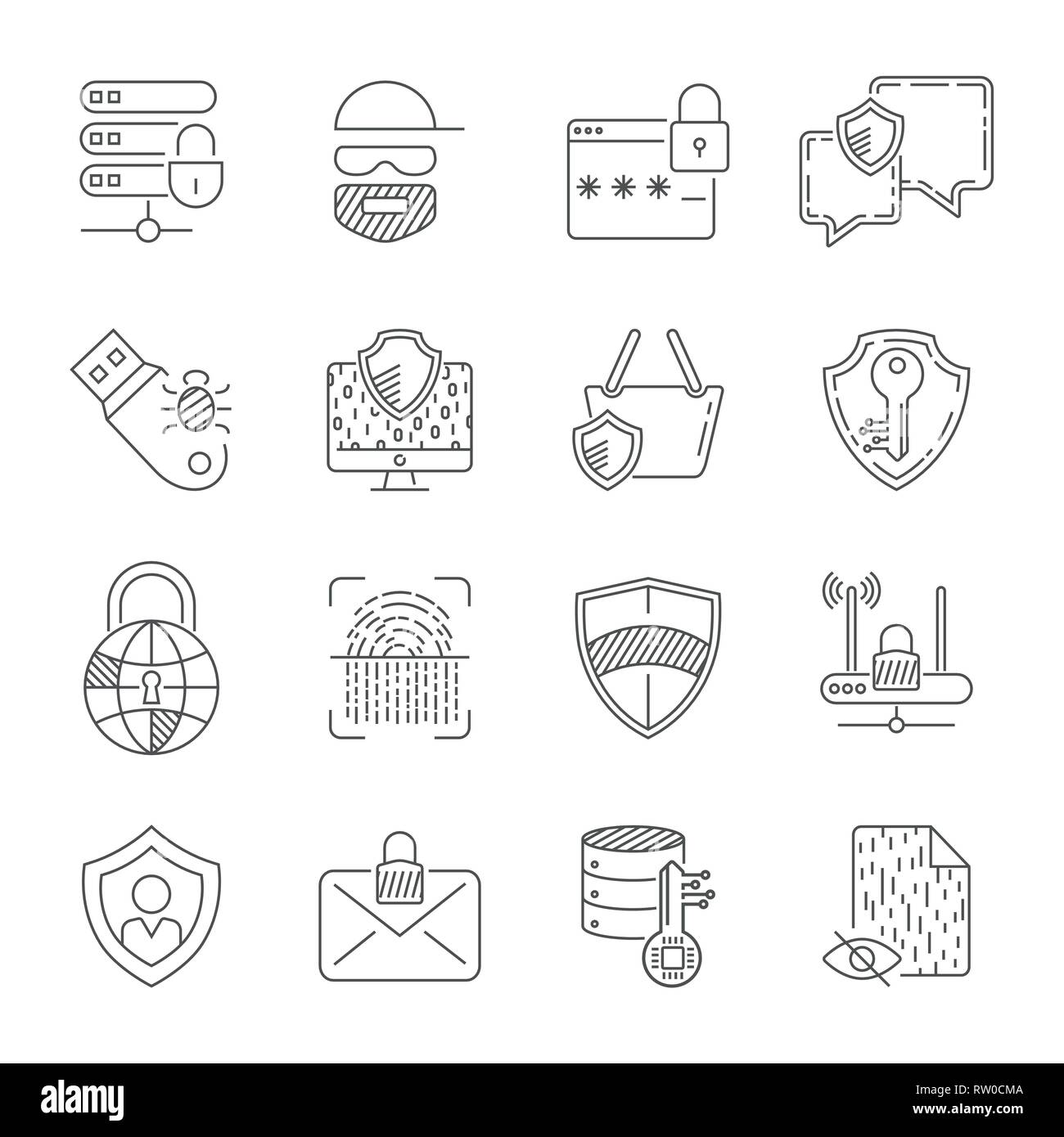 Datenschutz und Sicherheit im Internet zu dünne Linie Symbole gesetzt. Cyber Sicherheit, Daten- und Netzwerkschutz. Schutz Technologie, Web Services für Unternehmen Stock Vektor