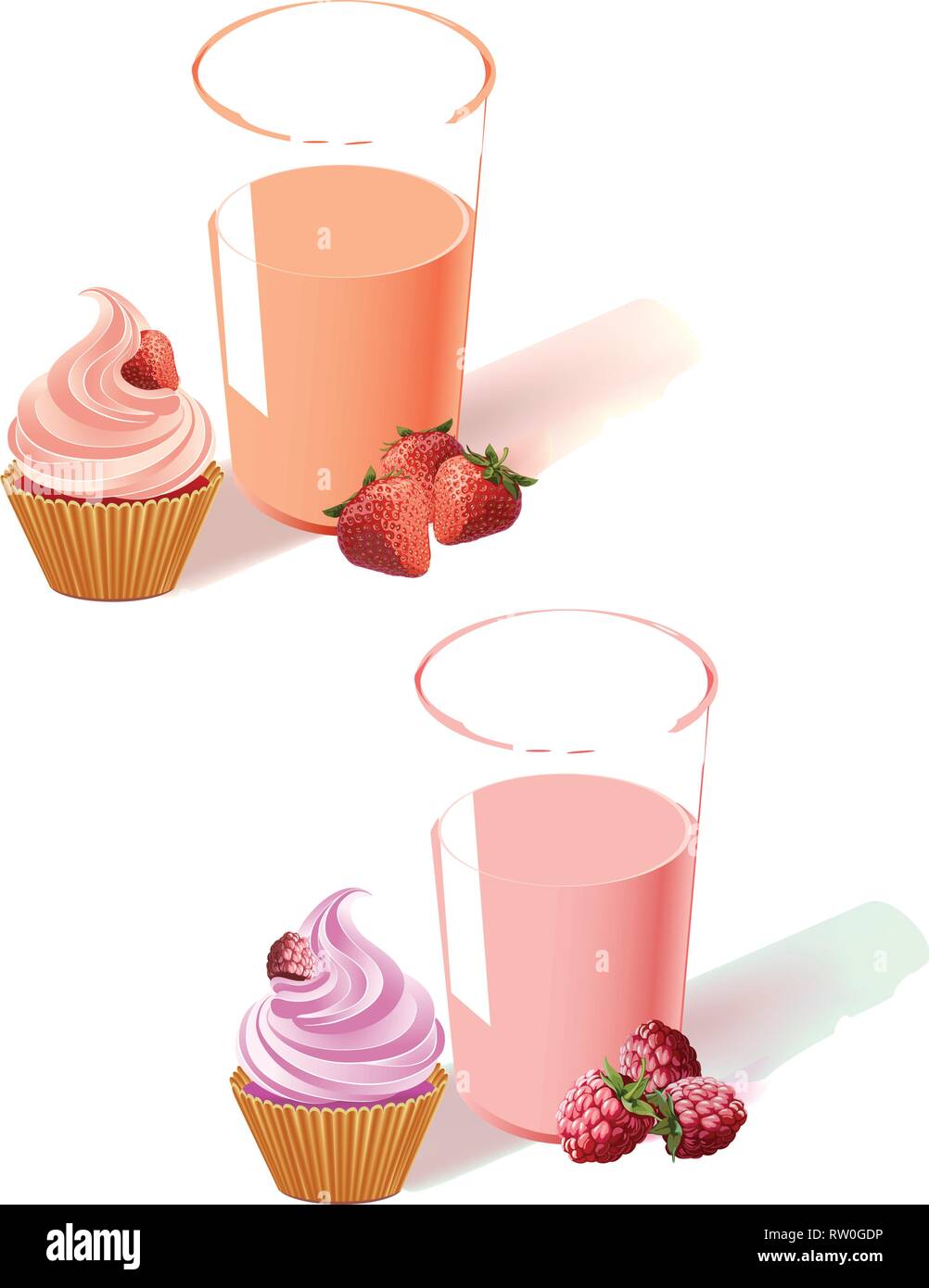 Die Abbildung zeigt die Himbeere und Erdbeere Joghurt im Glas, Obst und Kuchen. Auf weißem Hintergrund, auf separaten Ebenen. Stock Vektor