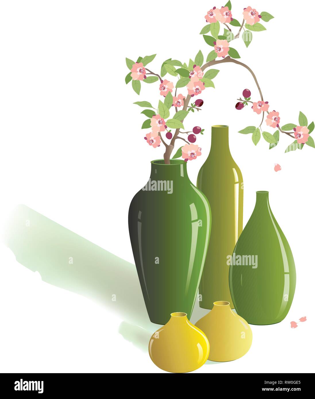 Die Abbildung zeigt eine Reihe von dekorativen Vasen mit Grün und Gelb, mit einem Zweig der Kirschblüten, auf weißem Hintergrund. Stock Vektor