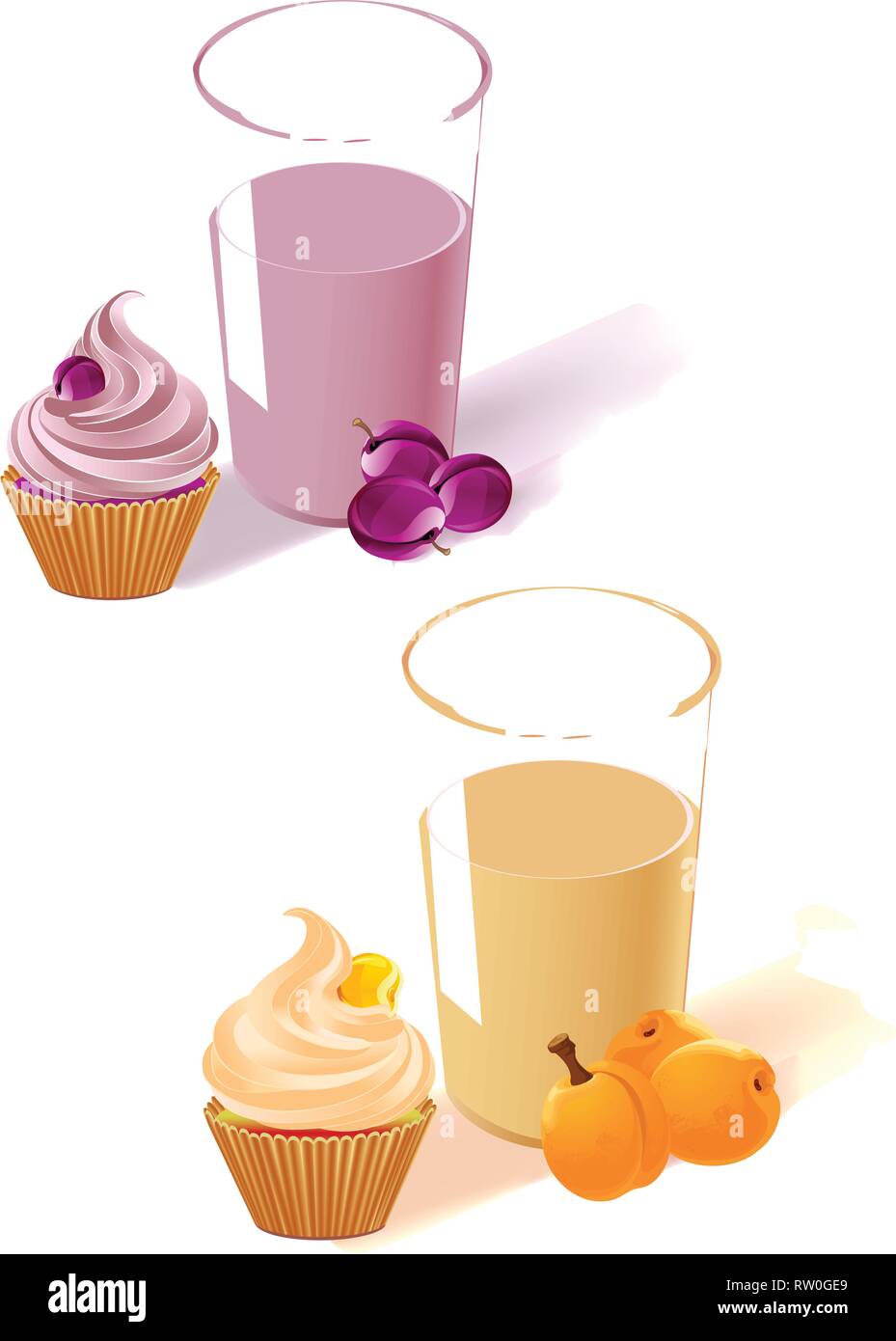 Die Abbildung zeigt die Pflaume und Aprikose Joghurt im Glas, Obst und Kuchen. Auf weißem Hintergrund, auf separaten Ebenen. Stock Vektor
