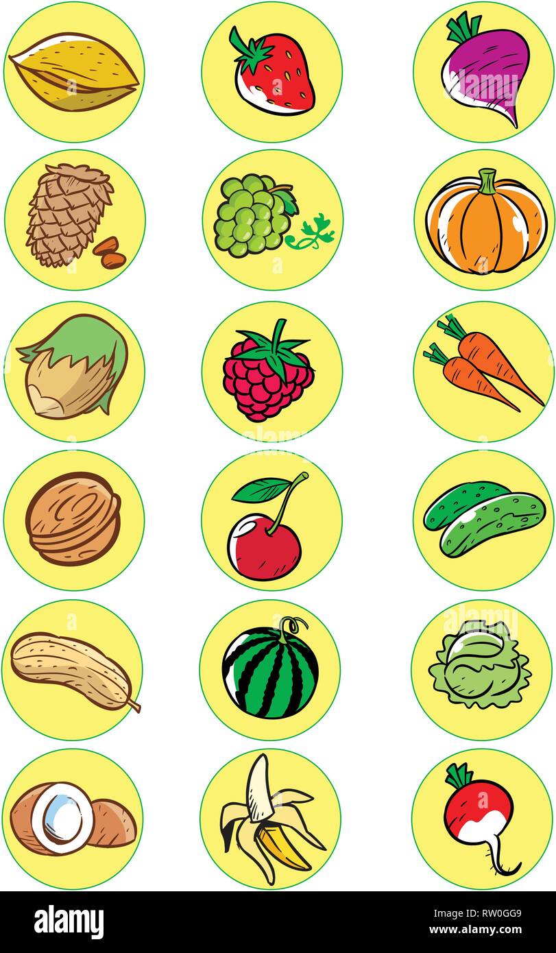 Die Abbildung zeigt die verschiedenen Gaben der Natur. Dies ist mehrere Arten von Nüssen, Obst und Gemüse. Abbildung im Cartoon Stil gemacht, auf separ Stock Vektor