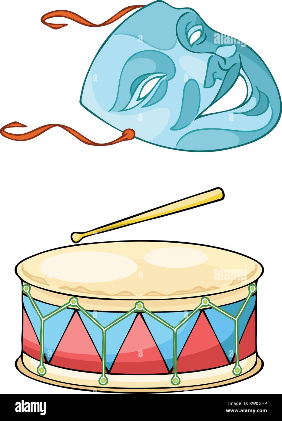 Die Abbildung zeigt ein fröhliches Theater Maske und Trommel auf separaten Ebenen. Stock Vektor