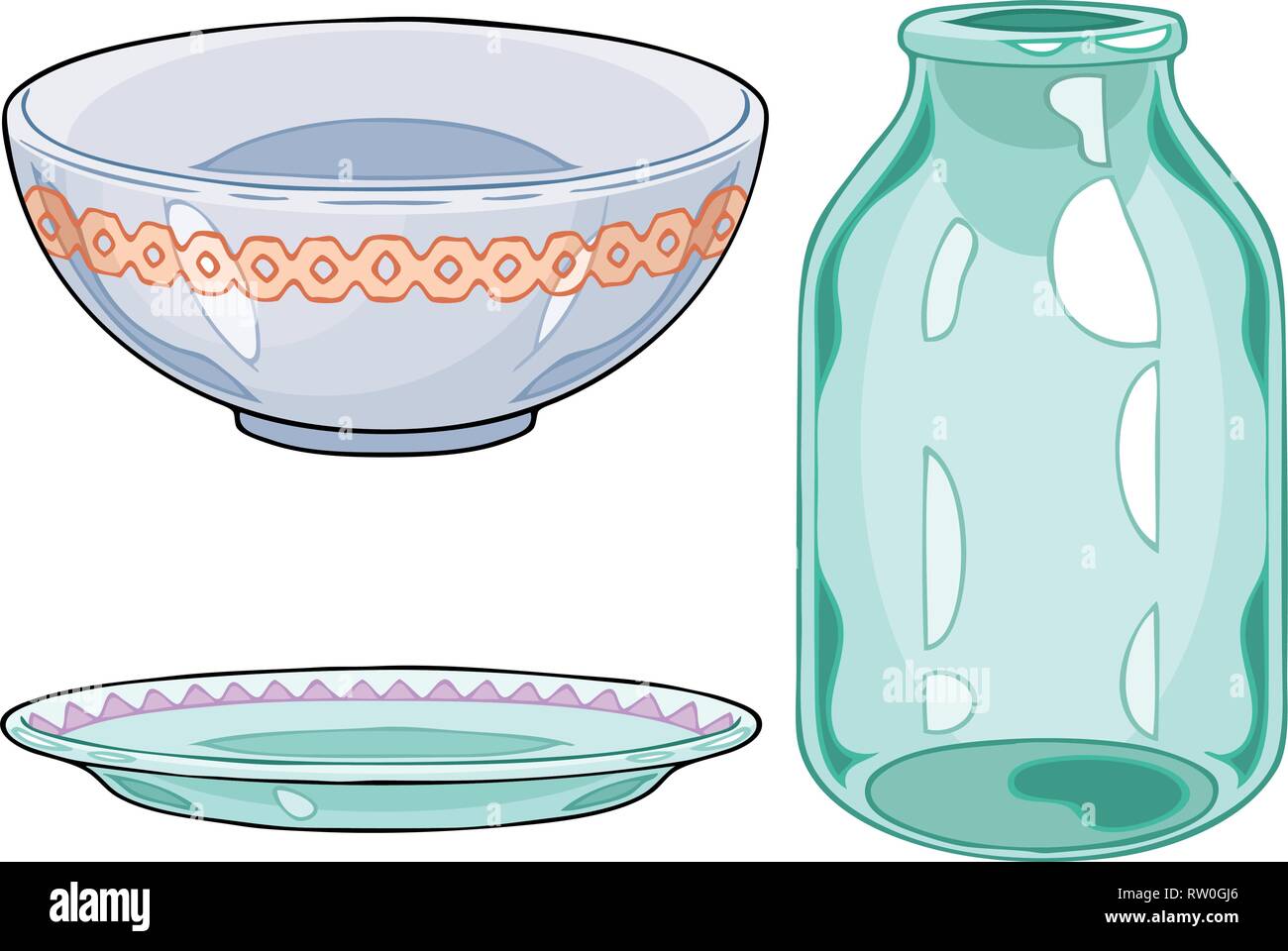 In der Vector Illustration Arten von Gerichten. Dies ist eine keramische Schüssel, Platte und Glas. Auf weissem Hintergrund Stock Vektor