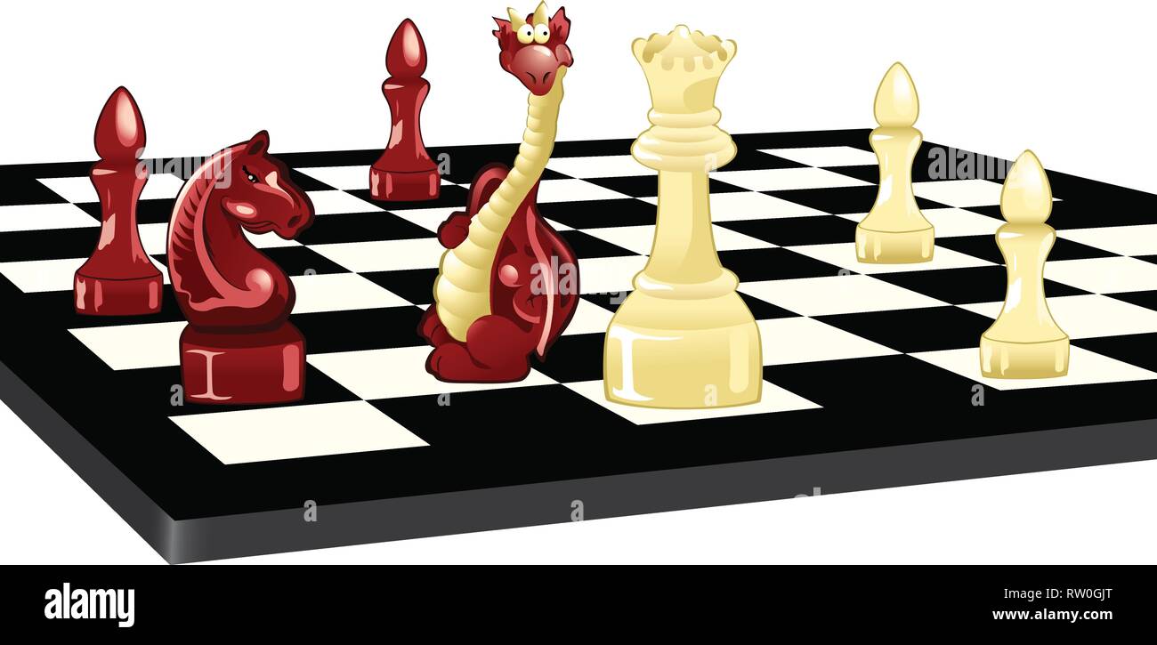 Die vector Abbildung: ein Schachbrett mit Figuren und eine niedliche cartoon Dragon unter ihnen. Stock Vektor