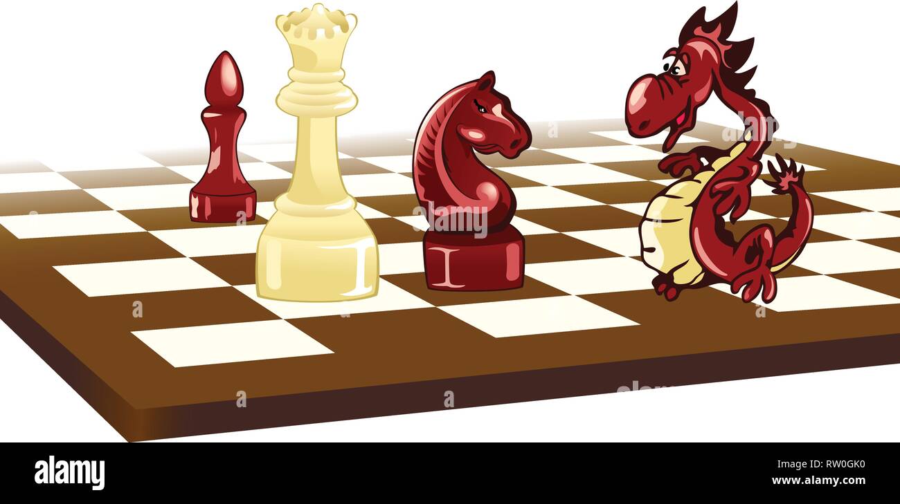Die vector Abbildung: ein Schachbrett mit Figuren und eine niedliche cartoon Dragon unter ihnen. Stock Vektor
