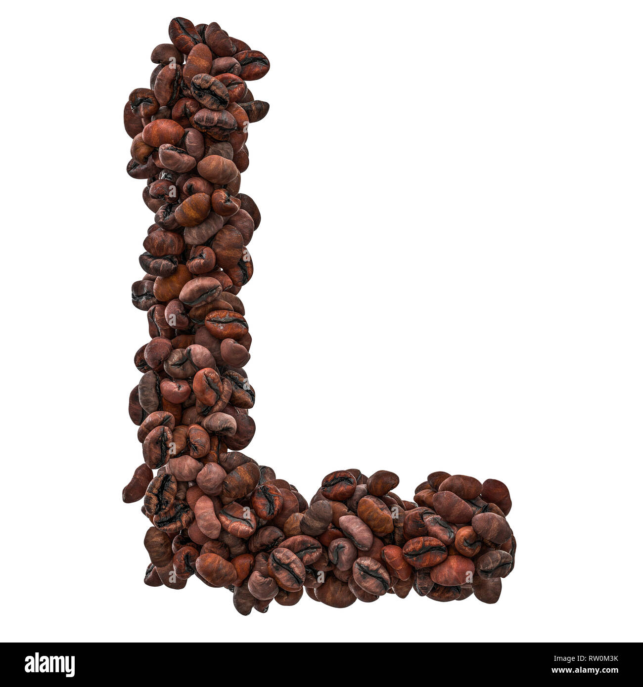 Buchstaben L aus gerösteten Kaffeebohnen, 3D-Rendering auf weißem Hintergrund Stockfoto