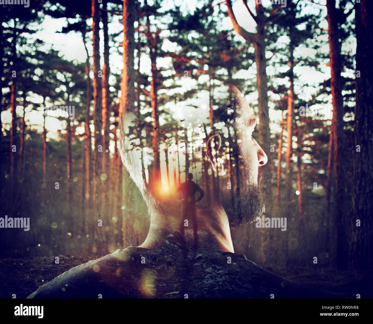 Junge mit sich selbst in einem Wald. Doppelte Belichtung Stockfoto