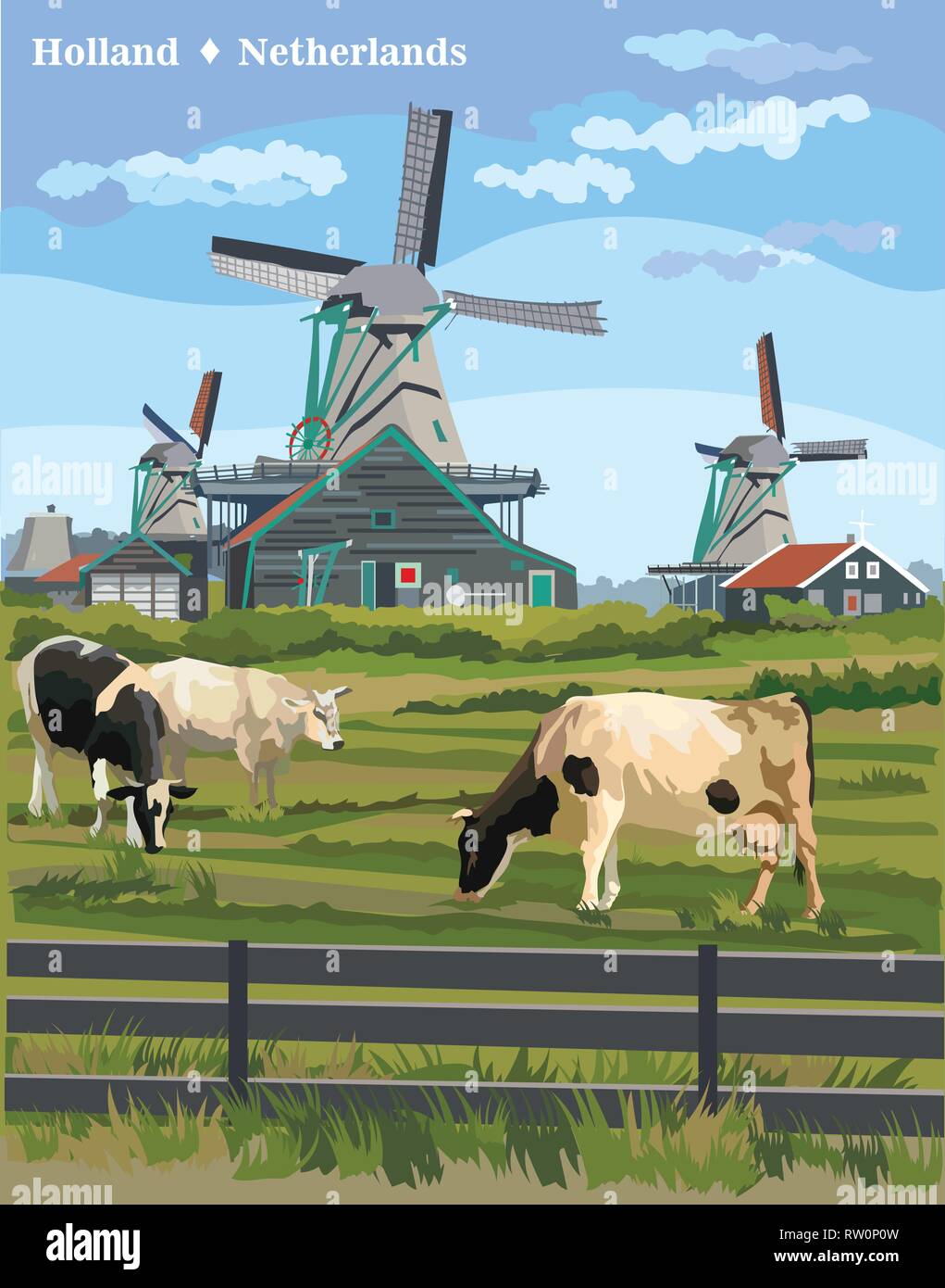 Vektor bunte Abbildung: Wassermühle in Amsterdam (Niederlande, Holland). Wahrzeichen von Holland. Wassermühle und grasende Kühe auf der Wiese. Stock Vektor
