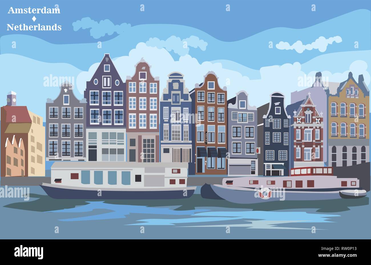 Stadtbild mit Häuser am Flussufer. Kanal von Amsterdam, Niederlande. Wahrzeichen der Niederlande. Bunte vektor Illustration. Stock Vektor