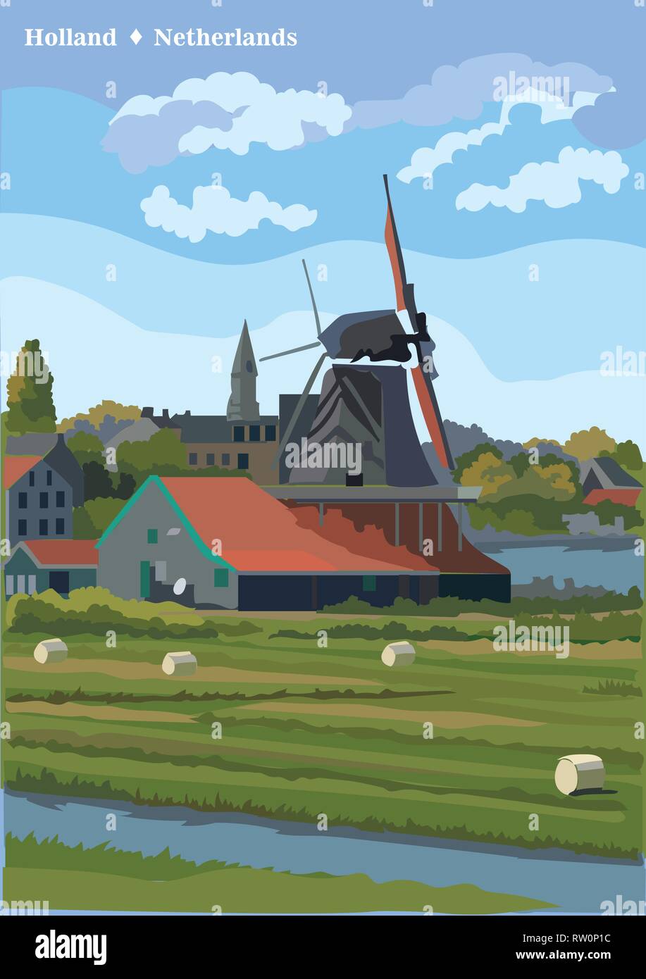 Vector Illustration der Wassermühle in Amsterdam (Niederlande, Holland). Wahrzeichen von Holland. Wassermühle auf der Wiese. Farbenfrohe Vector Illustration. Stock Vektor