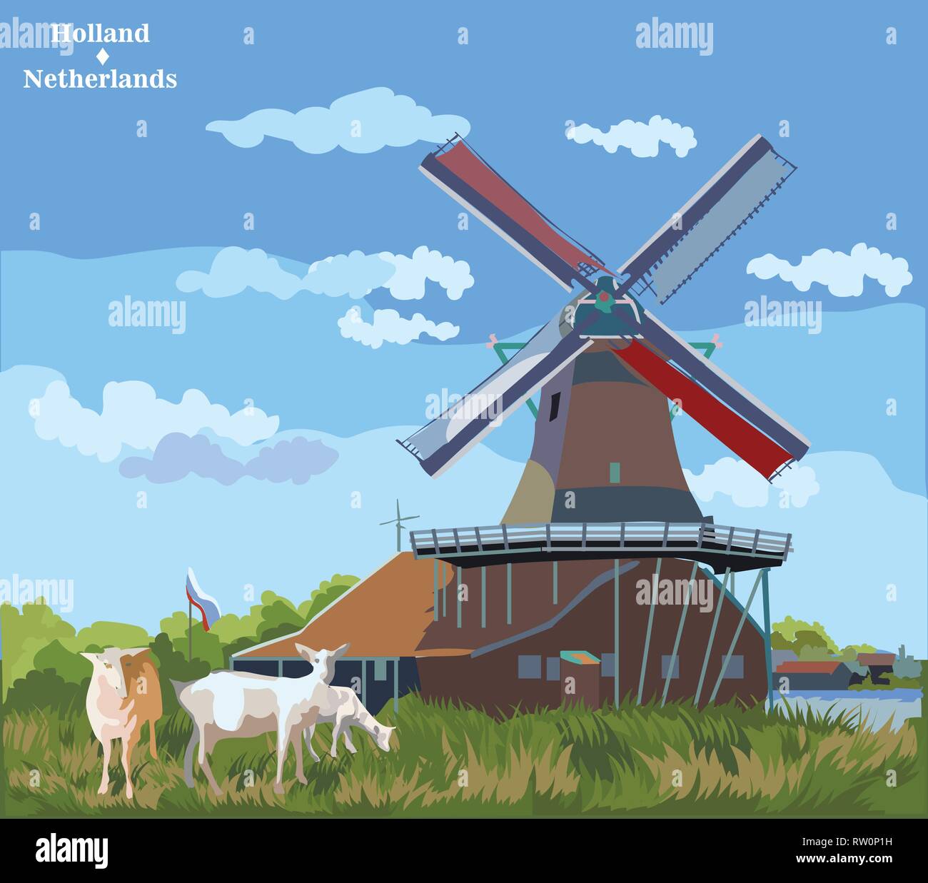 Vektor bunte Abbildung: Wassermühle in Amsterdam (Niederlande, Holland). Wahrzeichen von Holland. Wassermühle und Ziegen weiden auf der Wiese. Stock Vektor