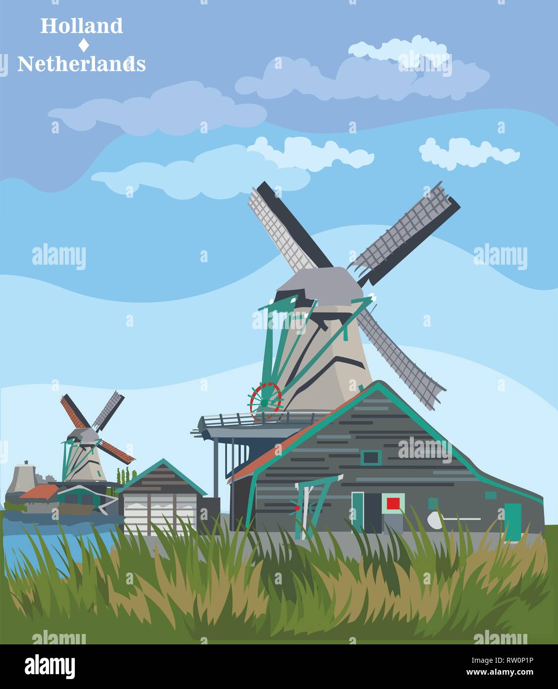 Vector Illustration der Wassermühle in Amsterdam (Niederlande, Holland). Wahrzeichen von Holland. Wassermühle auf der Wiese. Farbenfrohe Vector Illustration. Stock Vektor