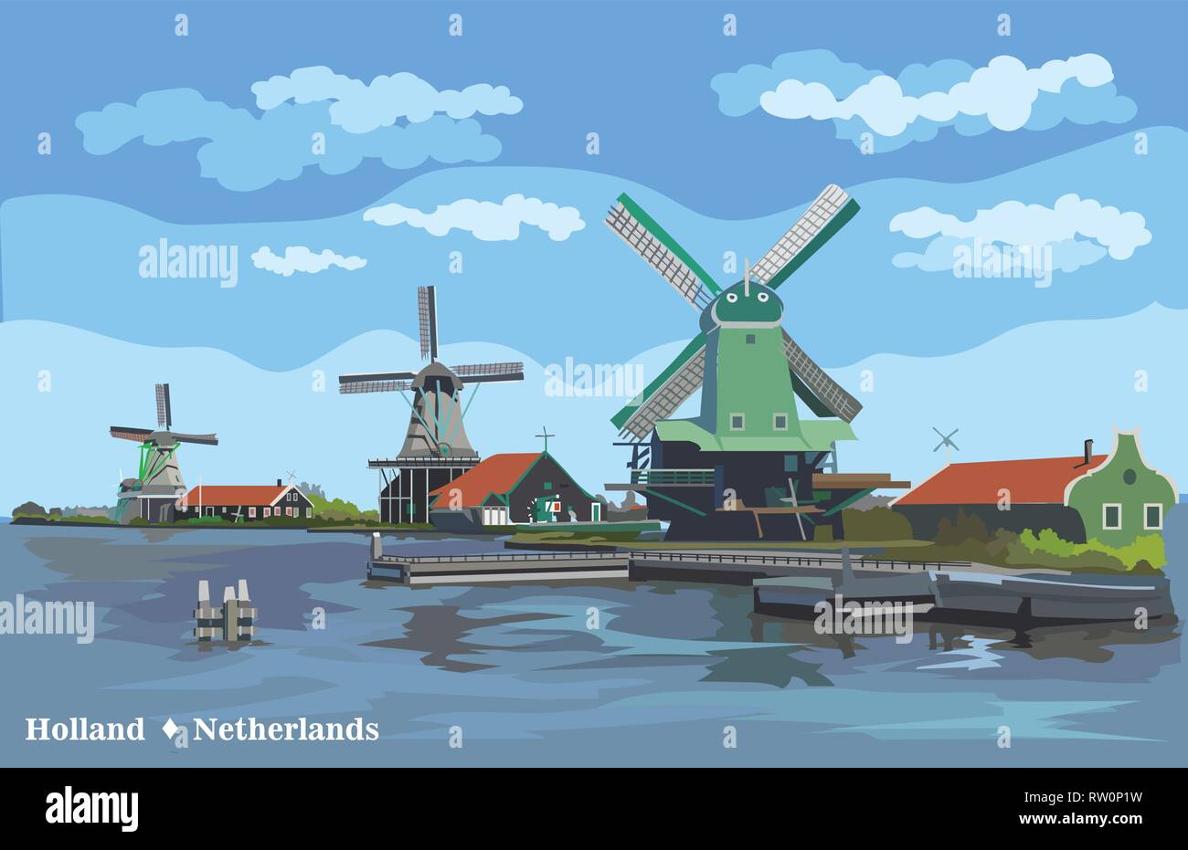 Vector Illustration der Wassermühle in Amsterdam (Niederlande, Holland). Wahrzeichen von Holland. Wassermühlen am Ufer. Farbenfrohe Vector Illustration. Stock Vektor