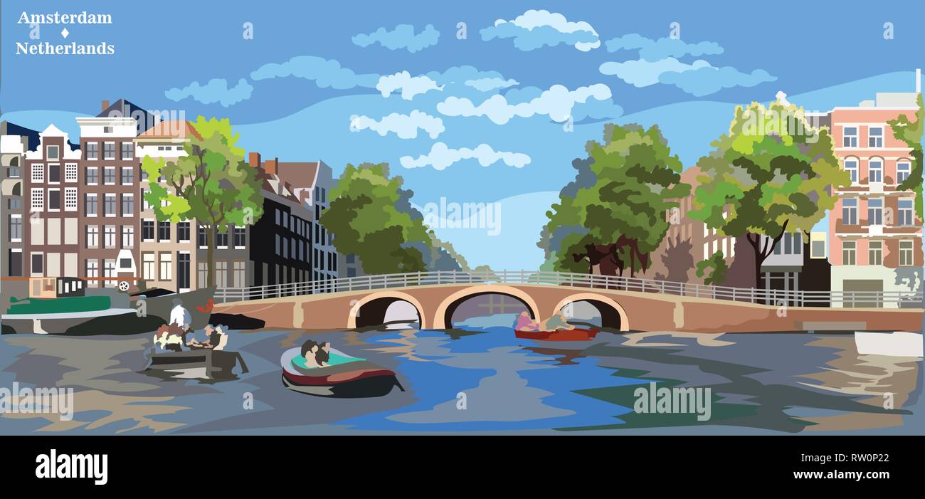 Stadtbild mit Brücke über die Kanäle von Amsterdam, Niederlande. Wahrzeichen der Niederlande. Bunte vektor Illustration. Stock Vektor