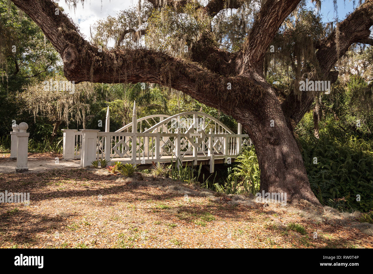 Estero, Florida, USA - 23. Februar 2019: alte Holzbrücke entlang der riverway an historischen Koreshan State Park. Stockfoto
