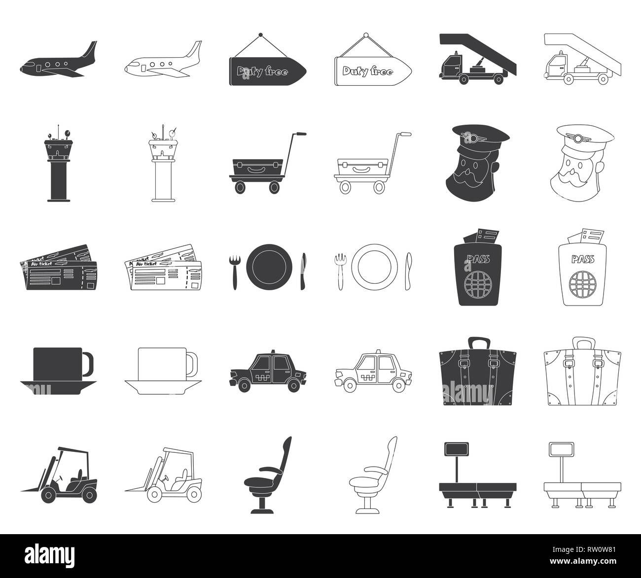 Telefonzentrale, Airliner, Pfeil, Rampe, Turm, Gepäck, Pilot, Ticket, Platte, Reisepass, Schale, Taxi, Gabelstapler, Sitz, Scanner, Stewardess, Jet, Treppen, Gebäude, Gepäck, Pass, Gabel, weiß, cab, Lkw, Stuhl, Förderband, Flughafen, Flugzeug, Anreise, Flugzeug, Terminals, Luft, Airlines, Luftfahrt, Abreise, Flugzeuge, Set, collection, Vector, Symbol, Web, Logo, Illustration, Design, isoliert, Symbol, Zeichen, Schwarz, Kontur, Farbe Vektor Vektoren, Stock Vektor