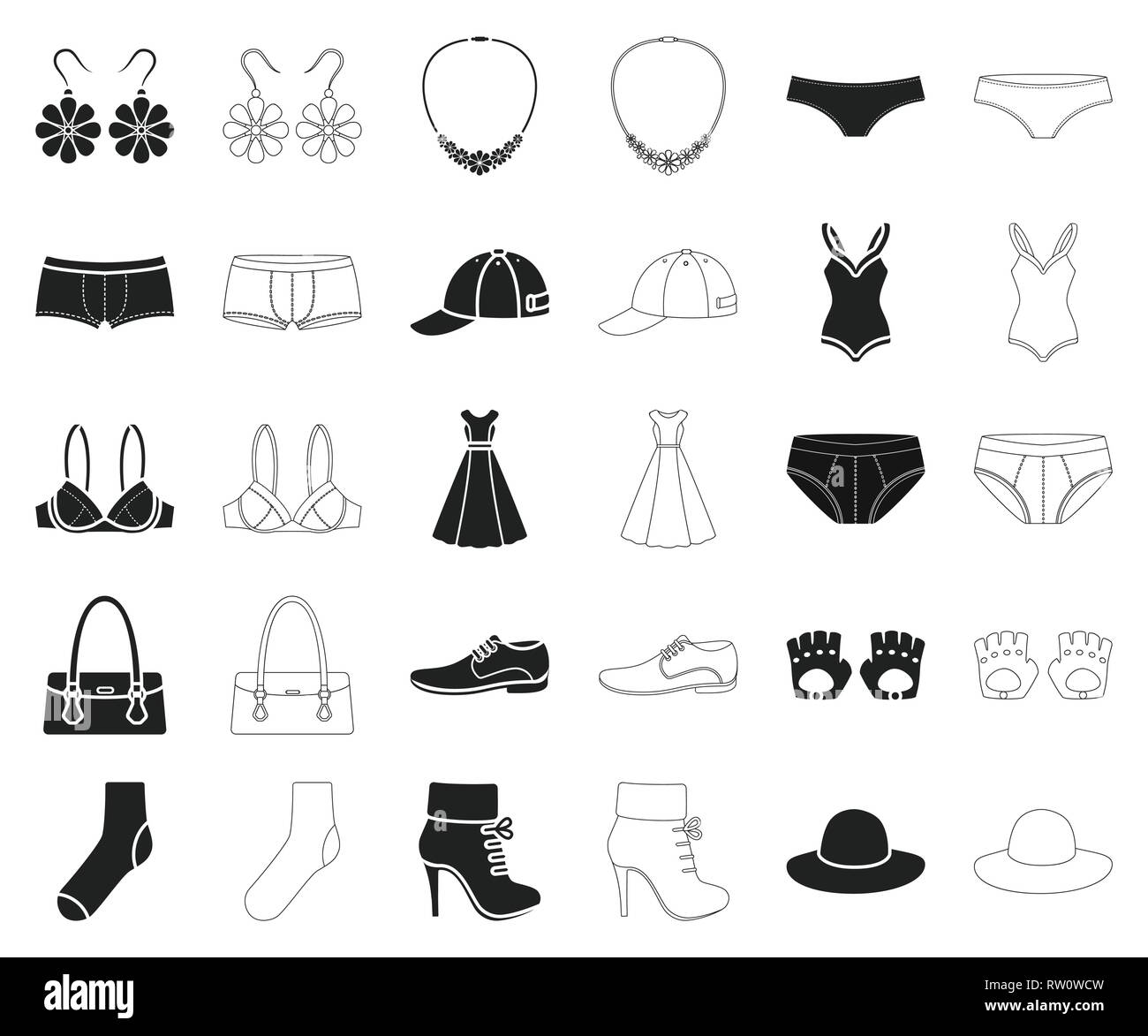 Kleidung und Accessoires schwarz, umriss Symbole im Set Sammlung für Design. Schuhe und Dekoration vektor Symbol lieferbar Abbildung. Stock Vektor