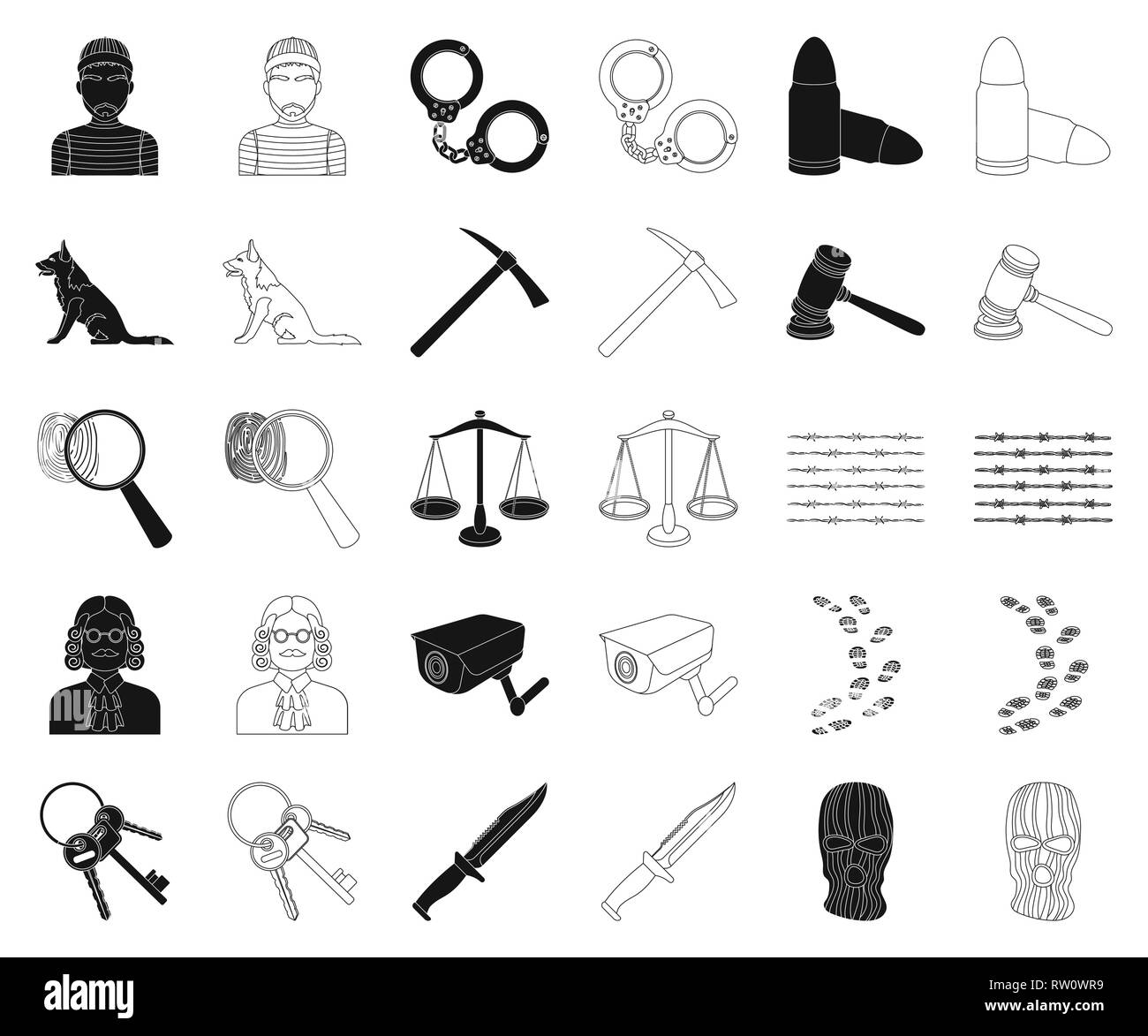 Arrestant, Attribute, ax, Stacheldraht, schwarz, Outline, Bullet, Bündel, Kamera, Sammlung, Kriminalität, Strafrecht, Entbehrungen, Design, Hund, Finger, Fingerabdruck, Blumen, Hammer, Handschellen, Hut, Icon, Illustration, Haft, gehören, isoliert, Richter, Gerechtigkeit, Messer, Recht, Lupe, Maske, Patron, Spitzhacke, Gefängnis, Gefangenen, Bestrafung, Puzzle, Waagen, Set, Hirte, Zeichen, Symbol, Schwanz, Zunge, Rankgitter, Vector, Video, Waffe, Perücke, Kabel Vektor Vektoren, Stock Vektor