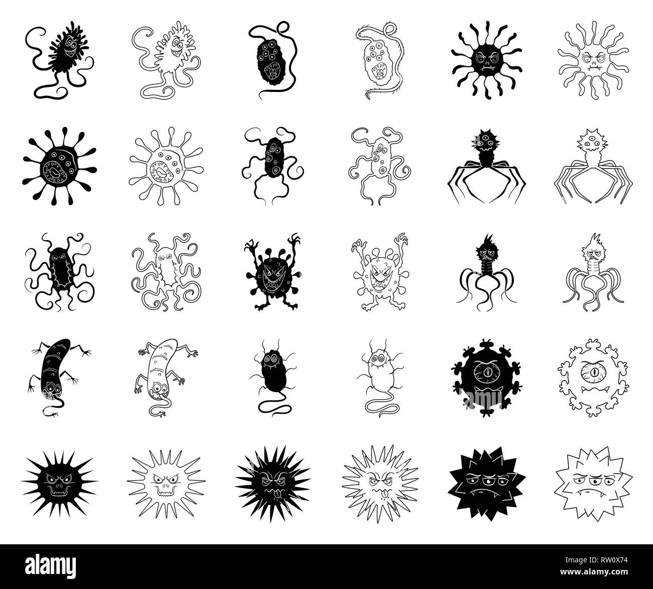 Abstrakte, Alien, Allergie, Hintergrund, Bakterien, bacteries, Bakterium, Biologie, schwarz, Outline, Krebs, Charakter, Sammlung, Kreatur, niedlich, Gefahr, anders, Krankheit, Seuche, Grippe, lustig, Keime, Gesundheit, Symbol, Krankheit, Illustration, Infektion, isoliert, Art, Logo, Medizintechnik, Medizin, Mikrobe, Mikrobiologie, mikroskopischen, Monster, Organismus, Pathogene, Lila, Wissenschaft, Satz, Zeichen, Symbol, Arten, unrealistisch, Vector, Virologie, Virus, Viren, Vektor, Vektoren, Stock Vektor