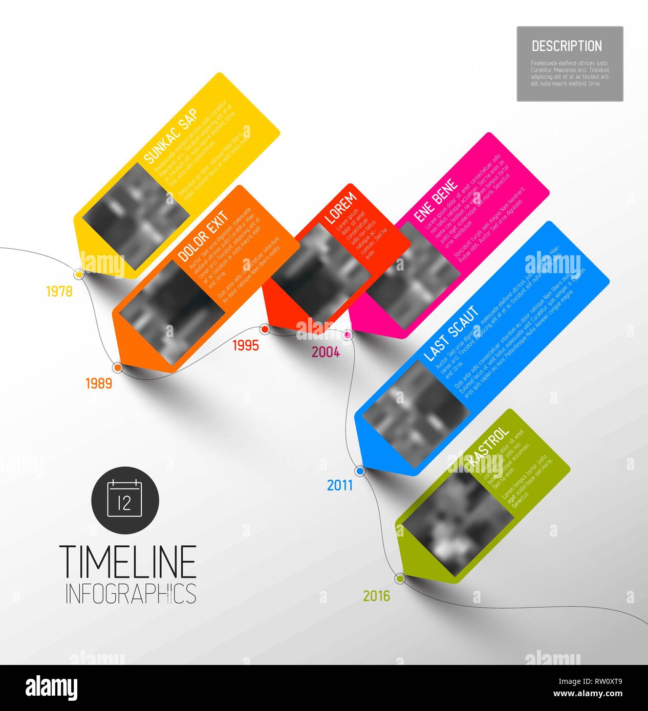 Vektor bunte Infografik typografischen timeline Berichtvorlage mit die größten Meilensteine, Fotos, Jahre und Beschreibung - diagonal Version Stock Vektor