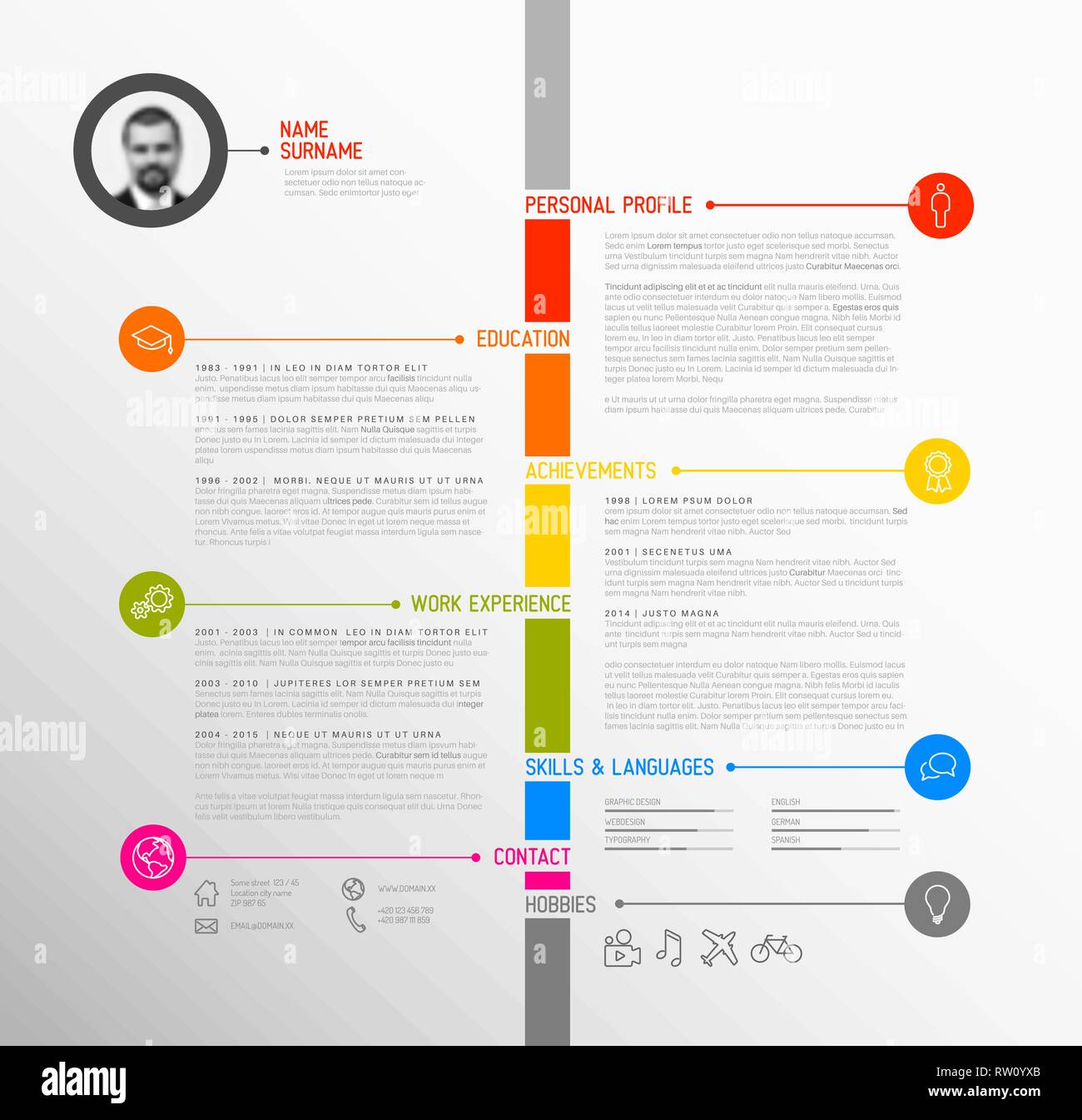 Vektor minimalistischen CV/Lebenslauf Vorlage - minimalistische bunte Version, mit Timeline in der Mitte Stock Vektor