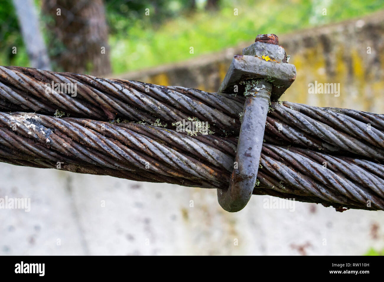 In der Nähe Bild von einem Seil mit einem Seil spannen einer alten  bulgarischen suspension Fußgängerbrücke, unscharfen Hintergrund, im Freien,  Seitenansicht Stockfotografie - Alamy