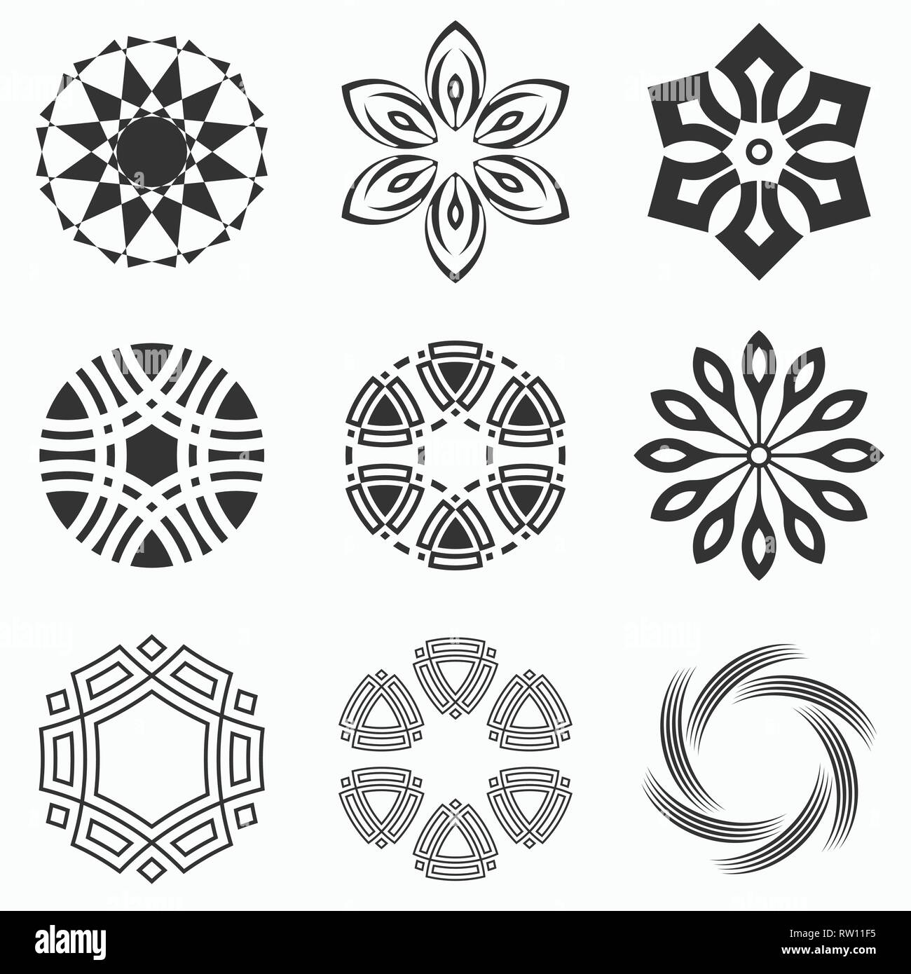 Abstrakte geometrische Formen, Symbole für Ihr Design. Symmetrische Mitte formen. Monochrome Farben. Designelemente. Sammlung von abstrakten Vektor Symbole Stock Vektor